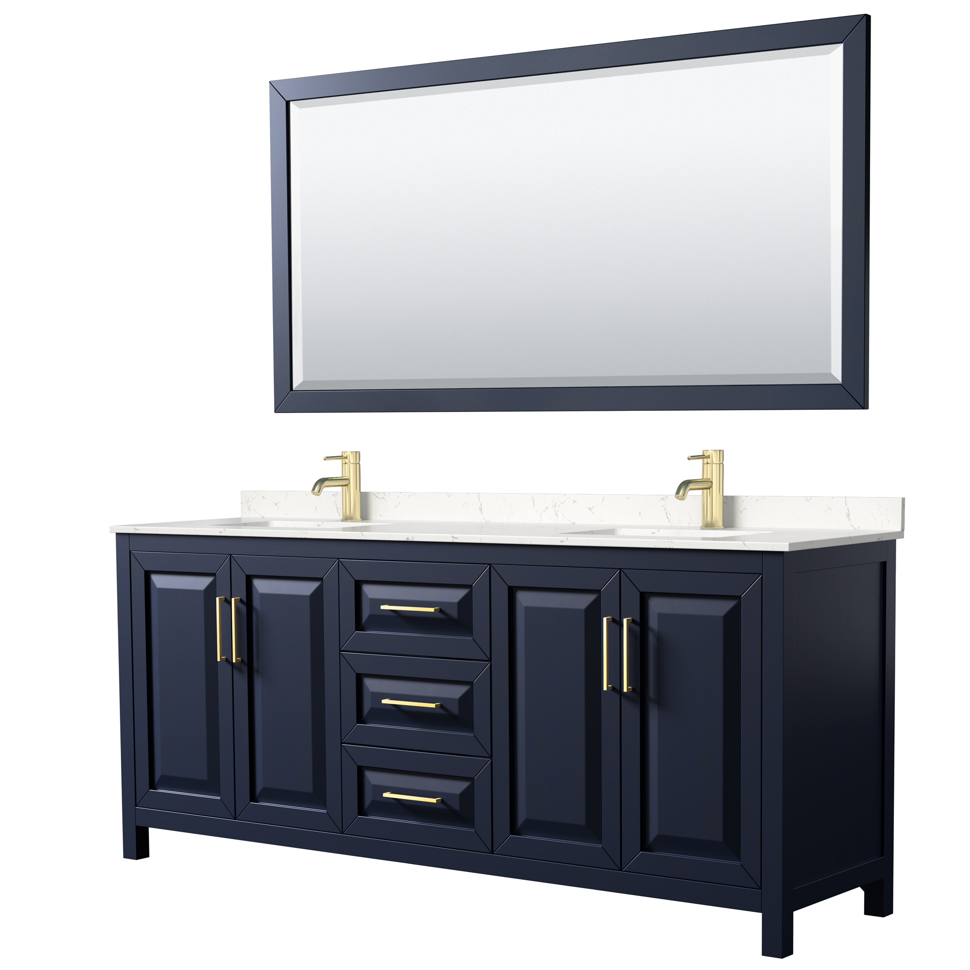Wyndham Collection WCV252580DBLC2UNSM70 Daria 80-in Dark Blue with Brushed Gold Trim Undermount Double sink Bathroom Vanity with Carrara Cultured Marble Cultured marble Top (Mirror Included)