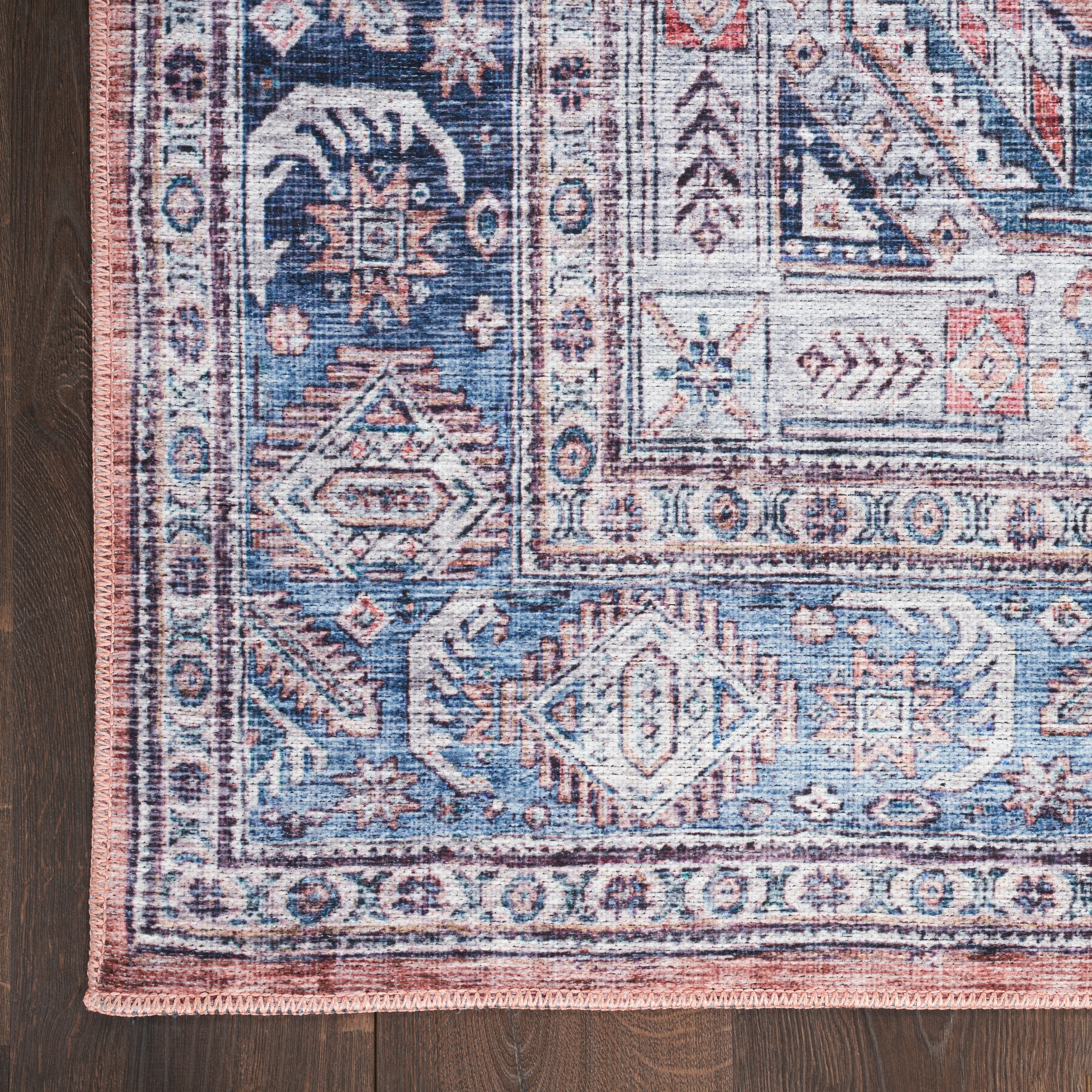 Vintage Charm Blue Multi 4' x 6' Flat Woven Washable Wool Blend Rug