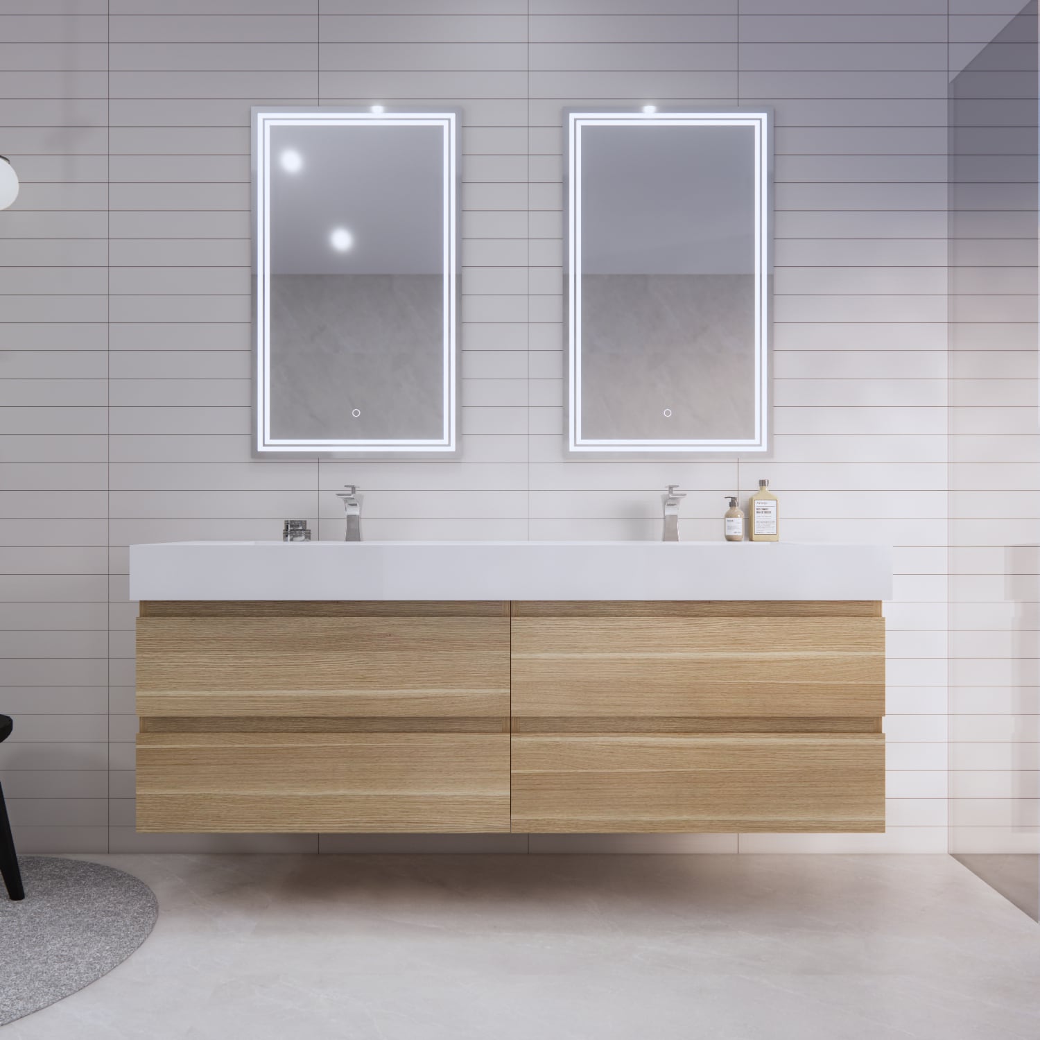 BV Better Vanity BTB-72D-CO Monterey 72-in Champagne Oak Double Sink Floating Bathroom Vanity with White Acrylic Top