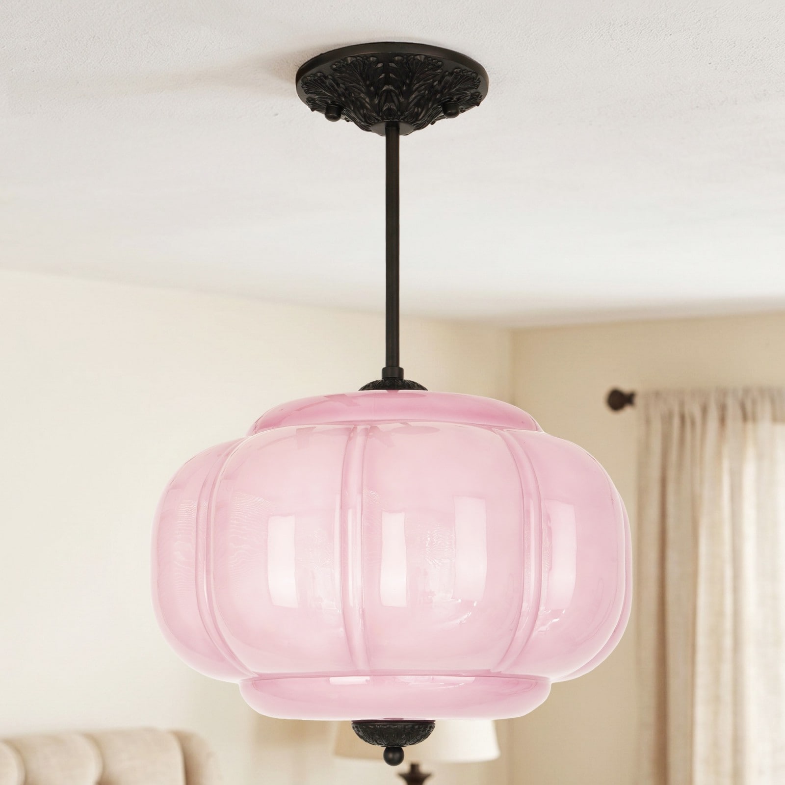 EFPERFECT 13.78 Inch Vintage Purple Pumpkin Glass Pendant Light