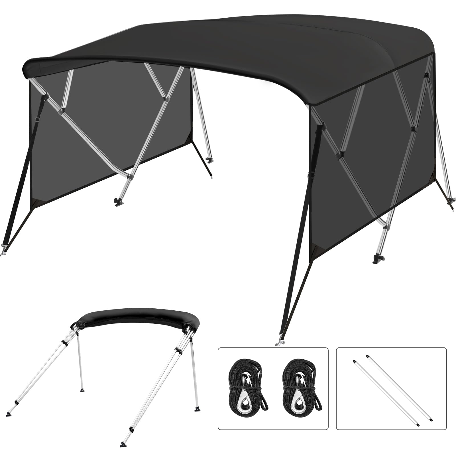 Garvee 4 Bow Marine Bimini Top Canopy PU Coated Canvas Gray Fits 73 to 78 Inch Wide 8 Ft Long 1 Inch Aluminum Alloy Frame and Zippered Storage Boot Black