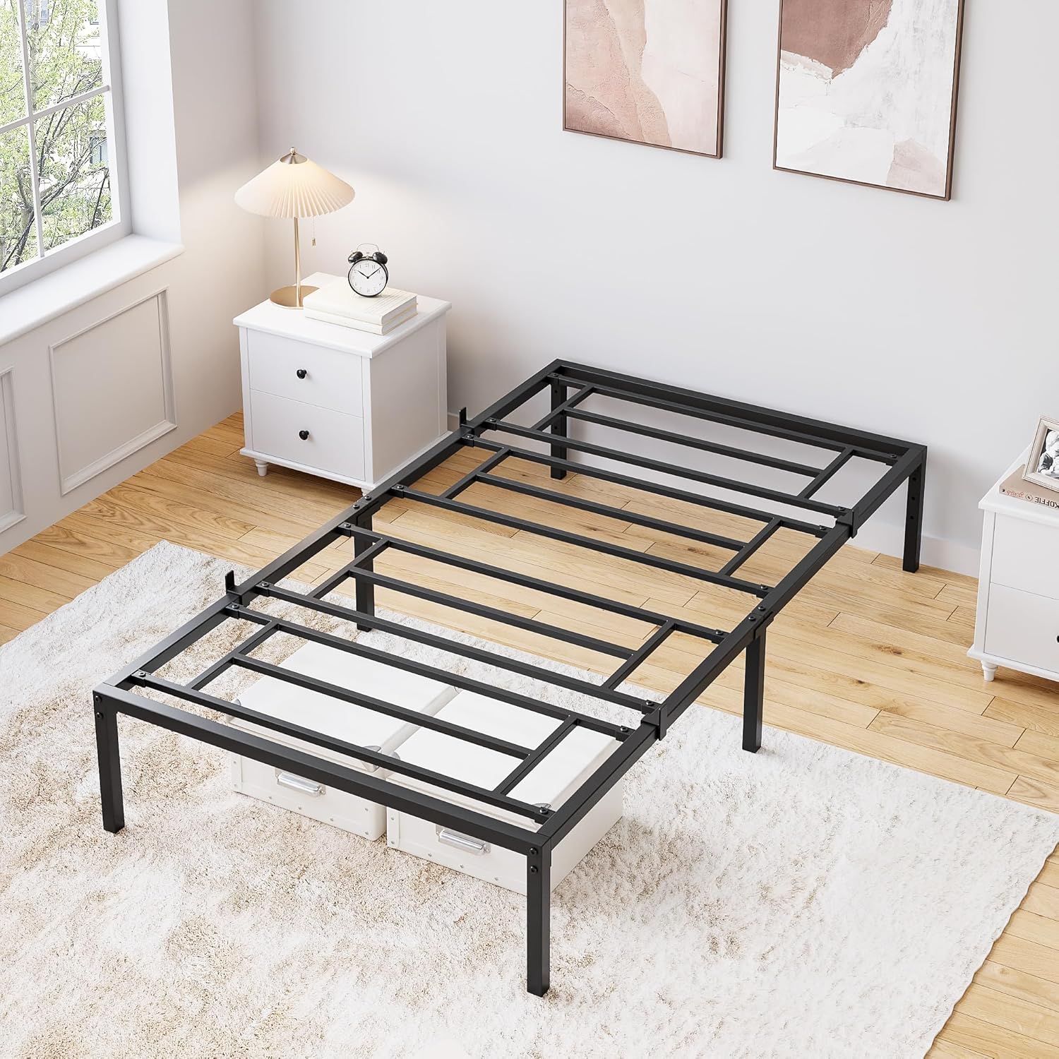 Qeetex LHF-BED-PHO-0PU0FGLR 16 Inch Twin Bed Frame with Storage Metal Platform Bed Frame with Steel Slat Support Mattress Foundation No Box Spring Needed Easy to Assemble Black