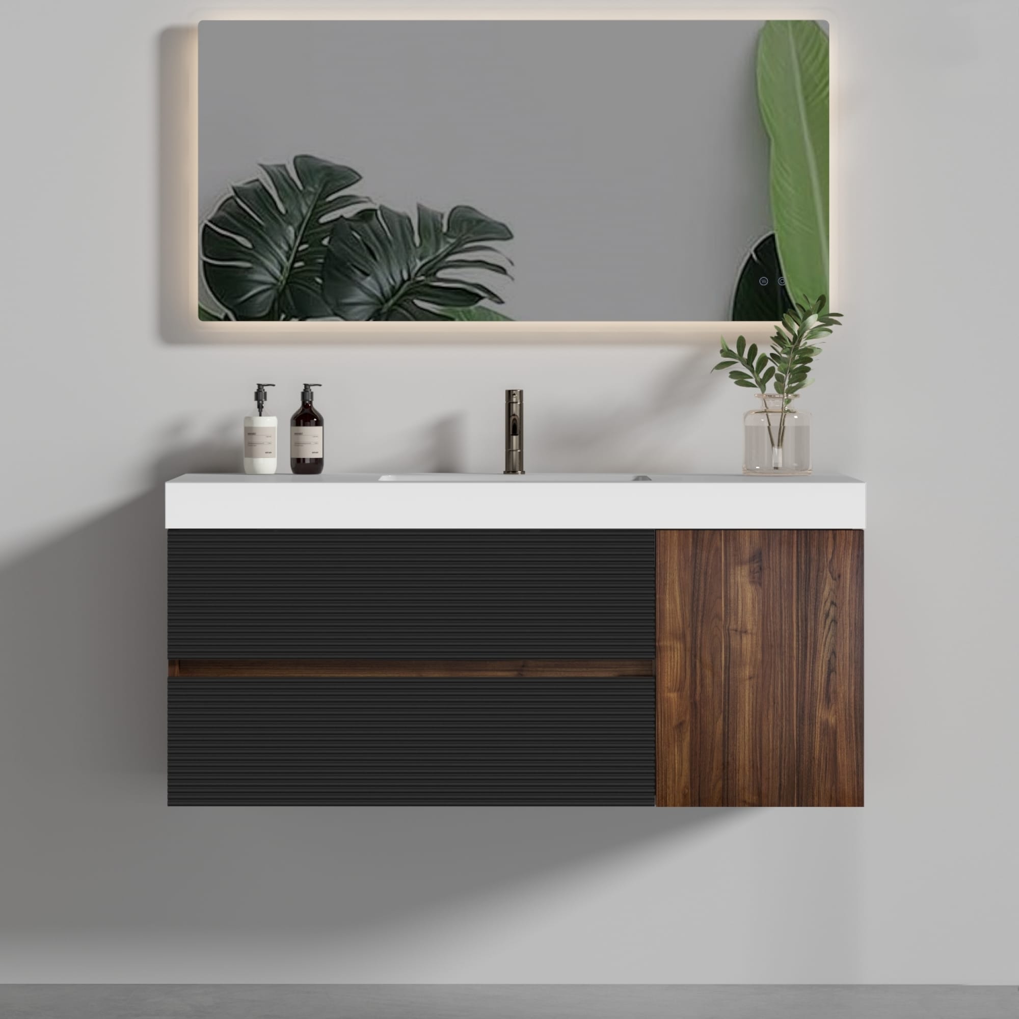 GDFStudio 328473 Grace Modern Floating Bathroom Vanity 48 inch Walnut with Glossy White Sink and Soft Black Drawers