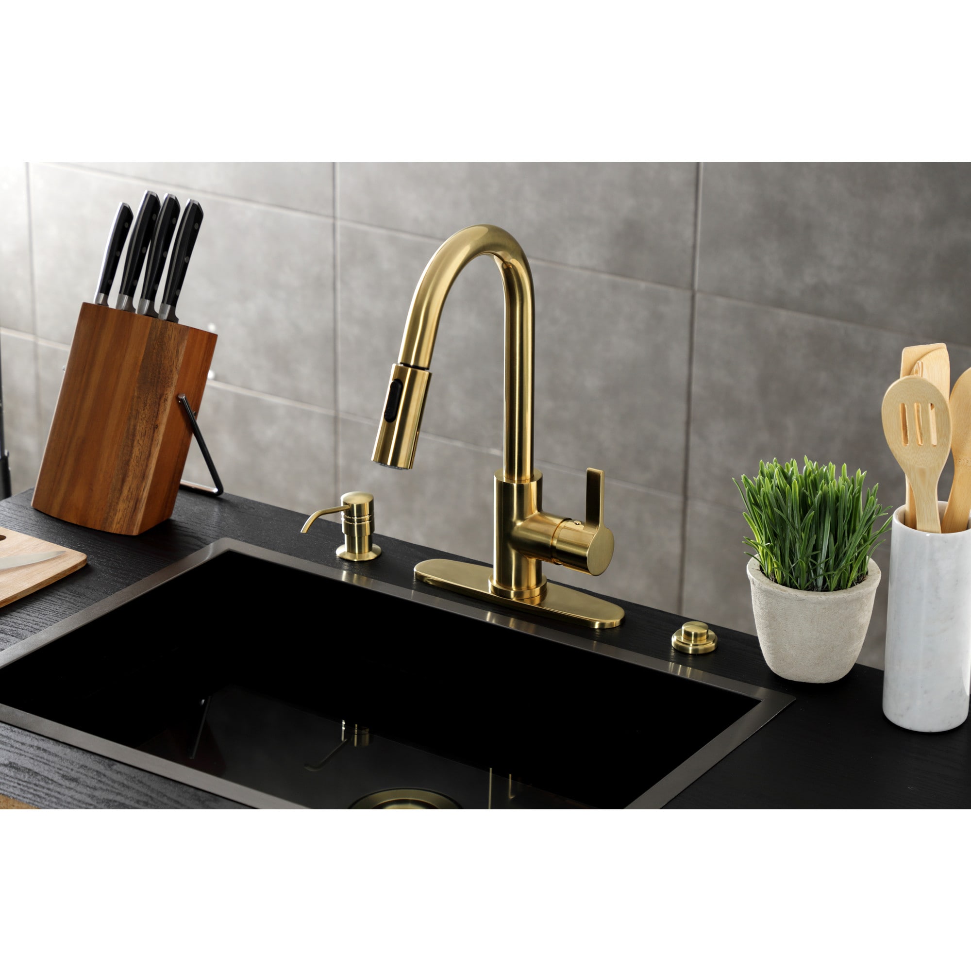 Kingston Brass WLLS8783CTL Continental Brushed brass Single Handle Deck-mount Pull-down Kitchen Faucet with Sprayer ( Deck Plate Included )