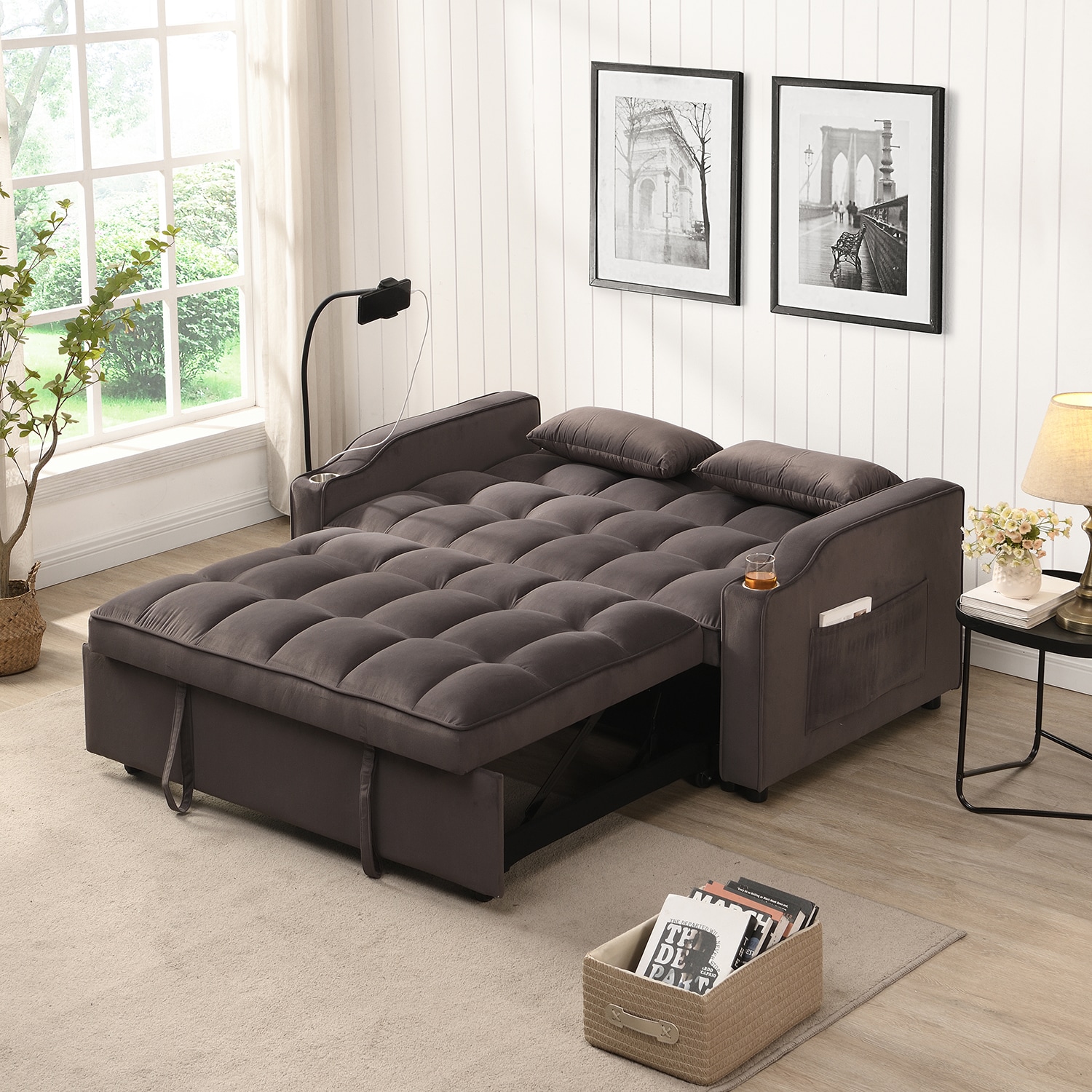GZMR GZ-W26102 54.7" Space-saving Convertible Sleeper Sofa Bed with Pillows 54.7-in W Modern Charcoal Grey Velvet 2-seater Reclining Sleeper