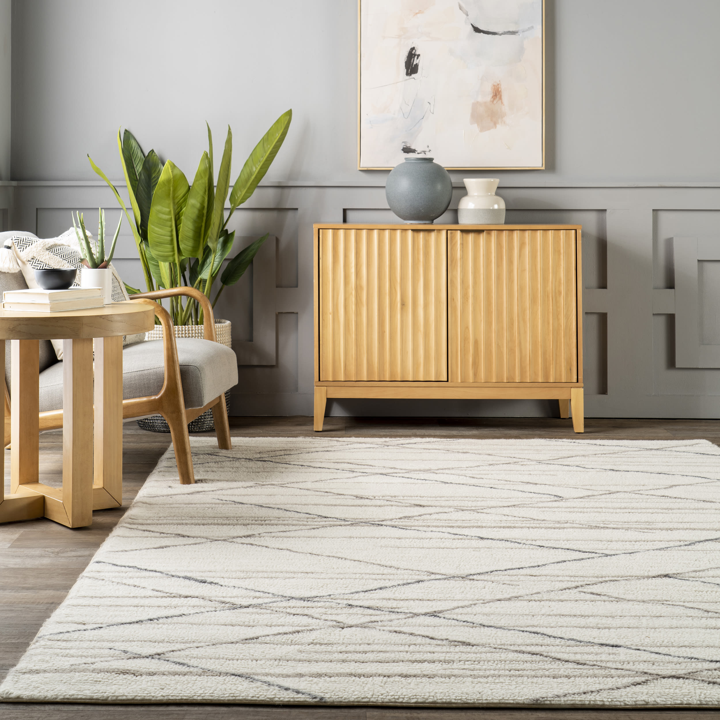 Ivory and Gray Stripe Wool 4' x 6' Washable Area Rug