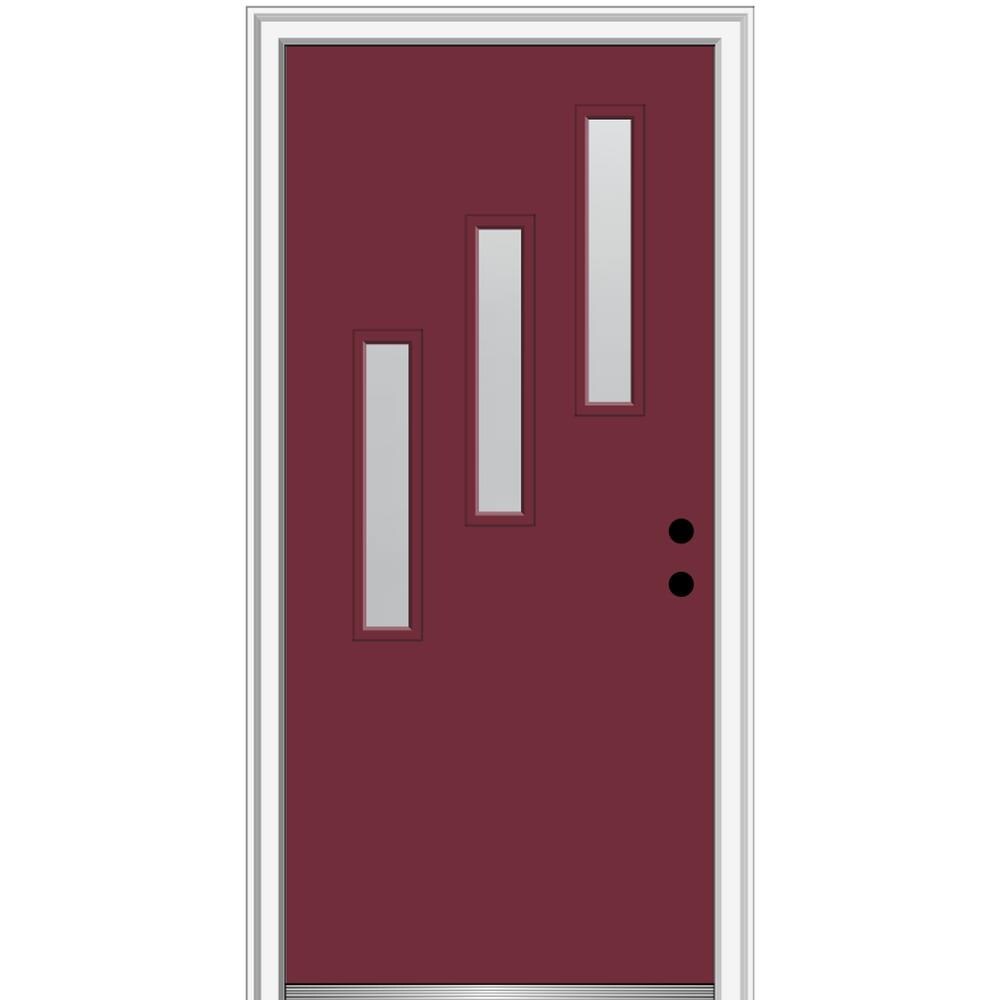 MMI DOOR ZZ348152L Spotlights 30-in x 80-in x 4-9/16-in Fiberglass Pulse lite Left-hand inswing Burgundy Painted Prehung Front Door with Brickmould Insulating core