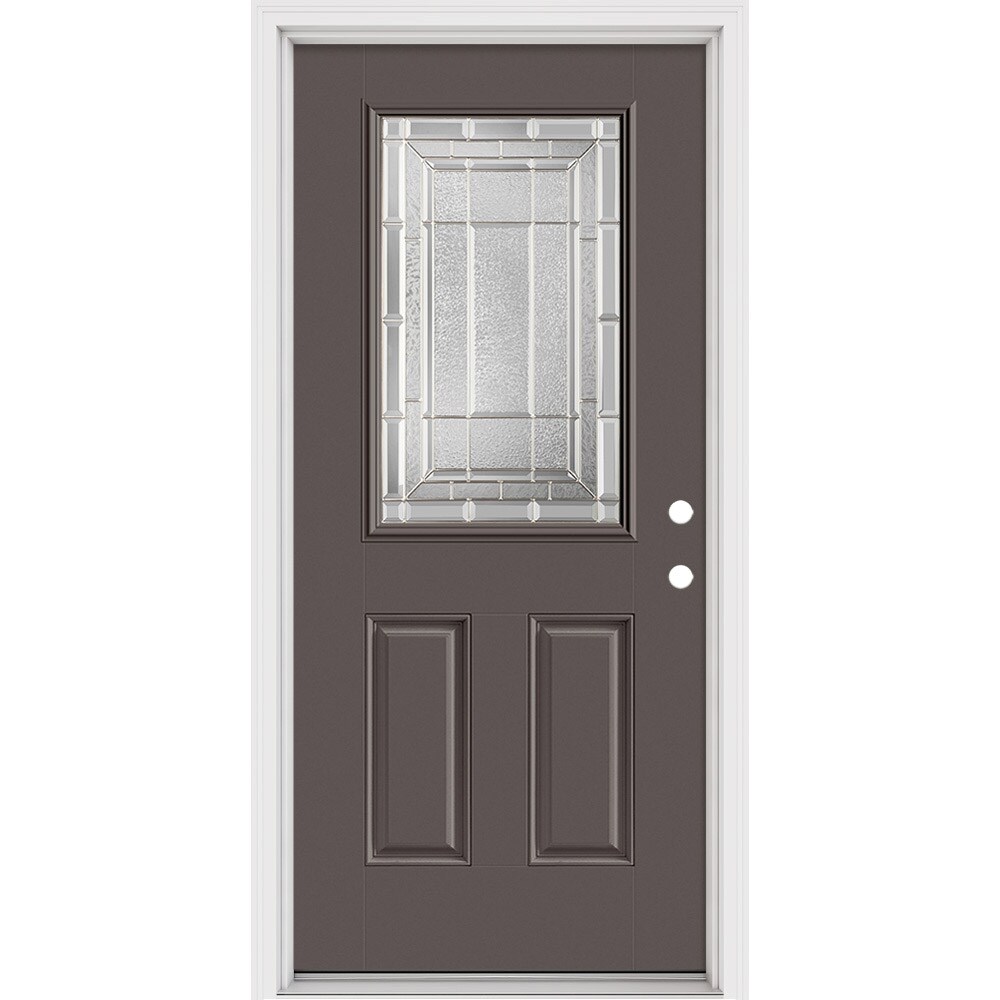 Masonite 631624 Sequence 36-in x 80-in x 4-9/16-in Fiberglass Half lite Left-hand inswing Timber Gray Painted Prehung Front Door with Brickmould Insulating core