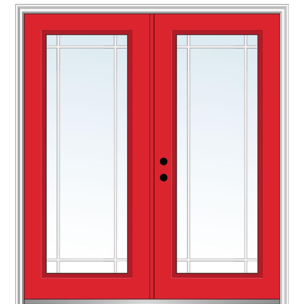 MMI DOOR ZZ361142R 72-in x 80-in x 4-9/16-in Fiberglass Full lite Right-hand inswing Red Saffron Painted Prehung Double Front Door with Brickmould Insulating core with Grilles