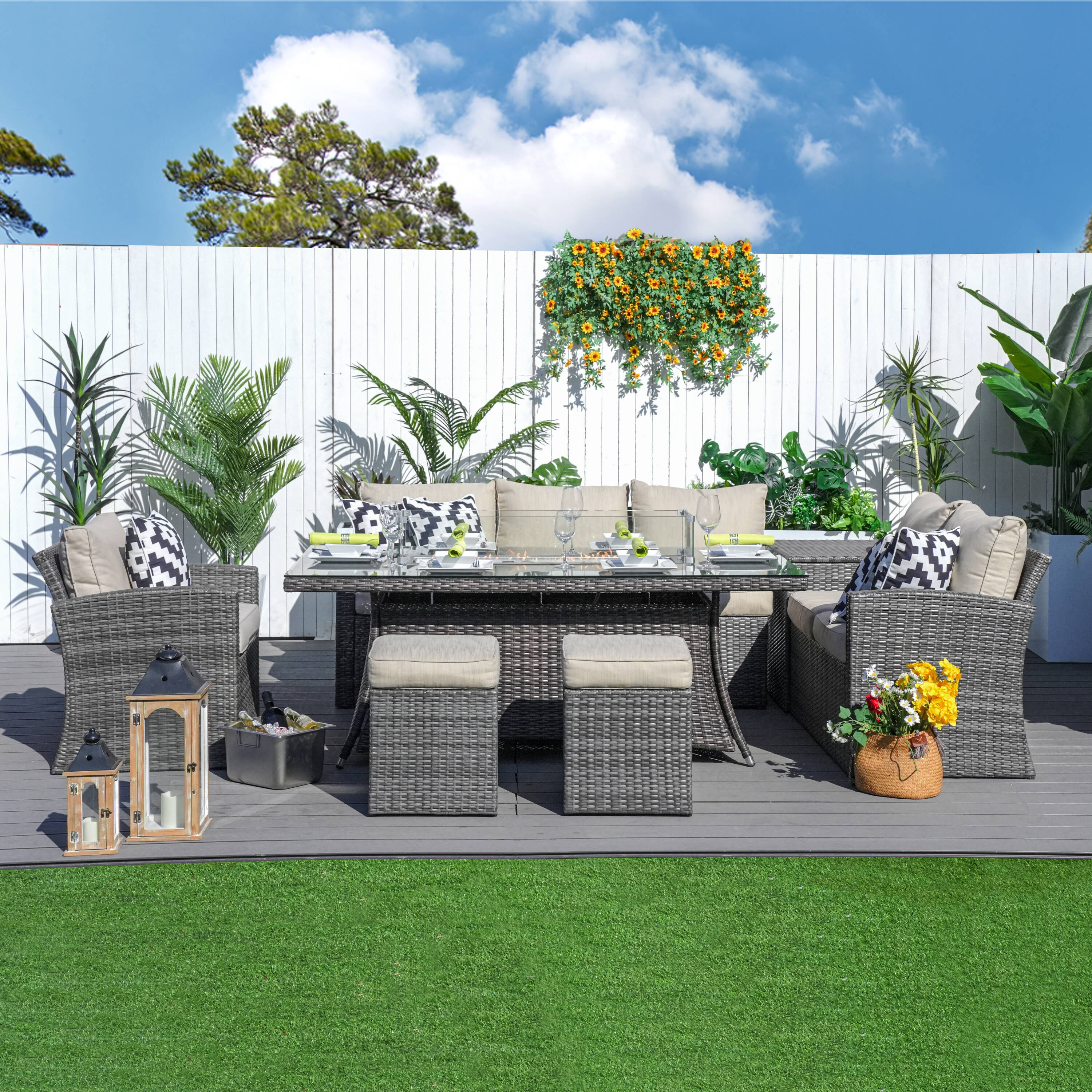 Direct Wicker DWG-1403B06R-GR 7 -Piece Gray Wicker Patio Dining Set Aluminum Rectangle Table with 5 Beige Cushions Stationary Chairs Fire Pit Included