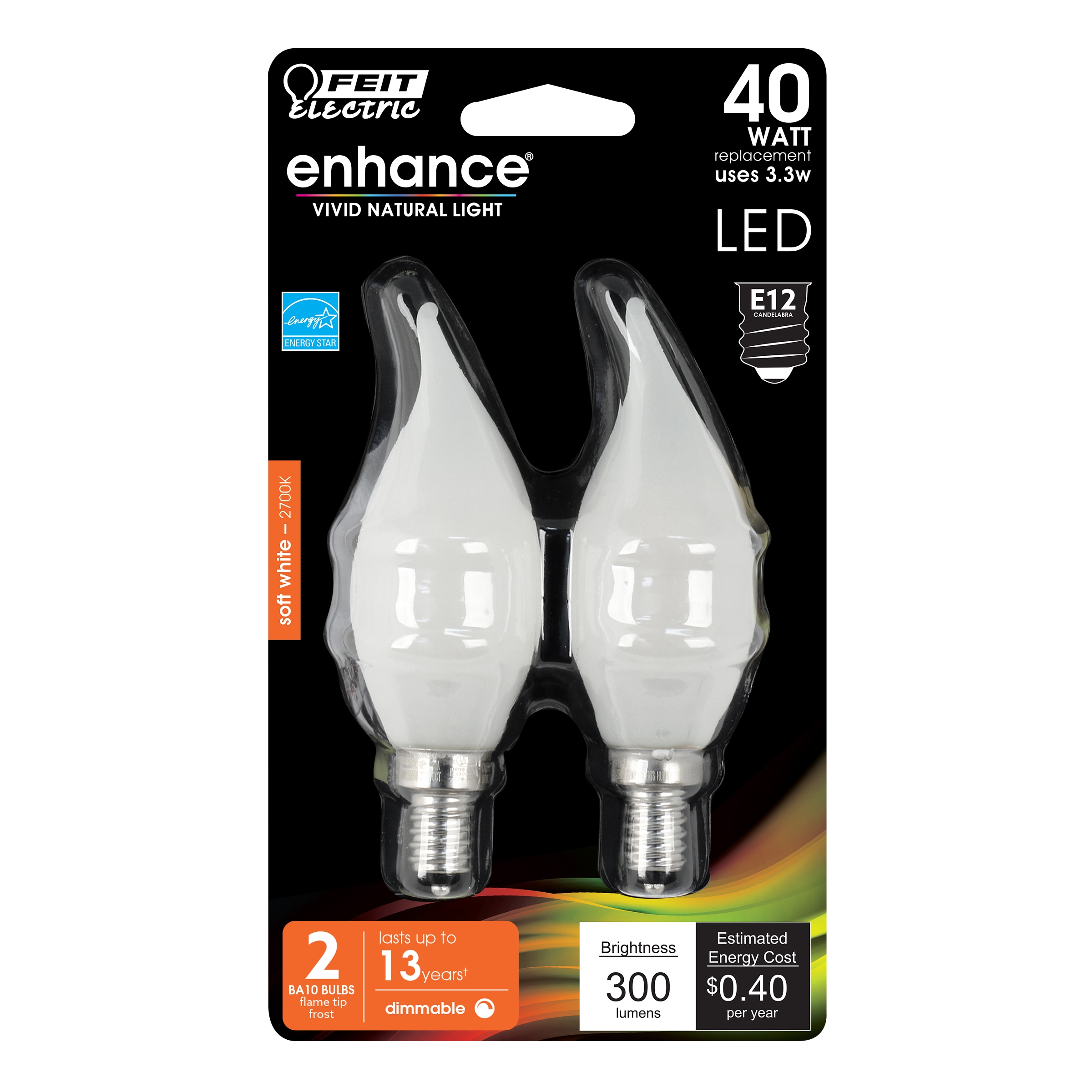 Feit Electric BPCFF40927CAFIL/2/RP LED Filament 40 -Watt EQ CA10 Soft white Candelabra base (E-12) Dimmable LED Decorative Light Bulb 2 -Pack