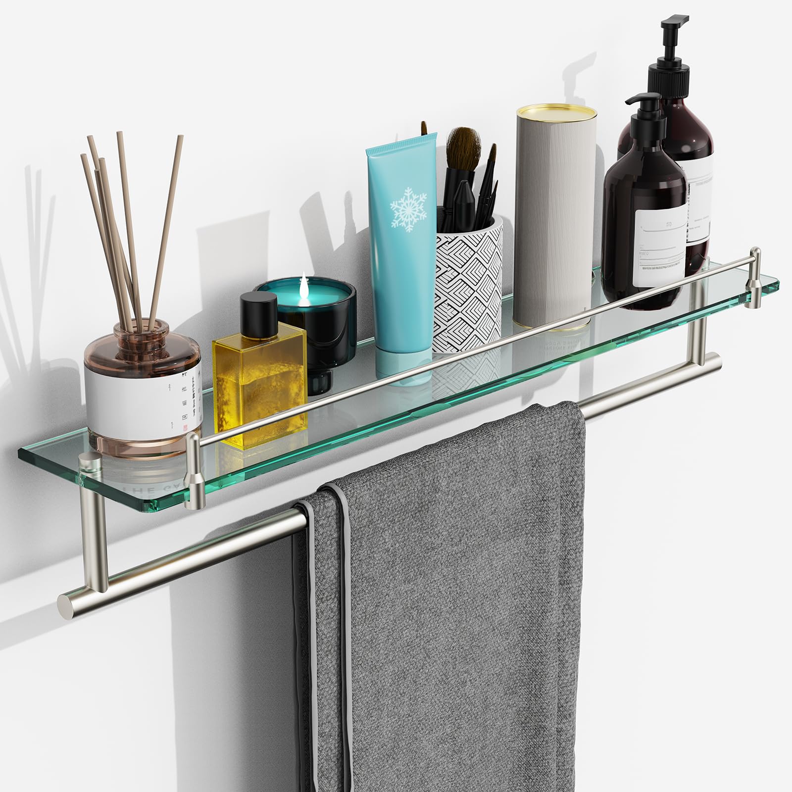 Lovav Brushed Nickel 24 Inch Glass Shelf Towel Bar Wall Mount Bathroom Storage Stainless Steel