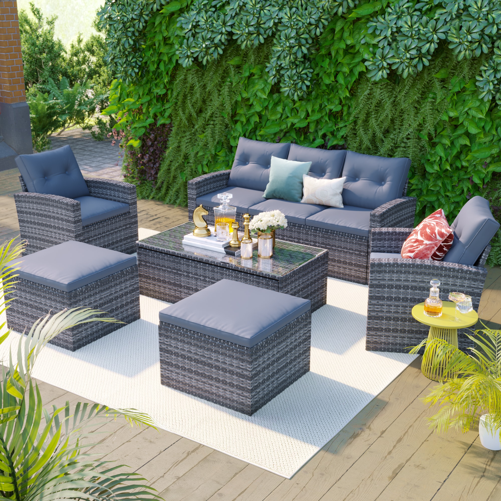 CASAINC BH-WY000067GAA 6 -Piece Wicker Patio Sofa Conversation Set with Gray Cushions