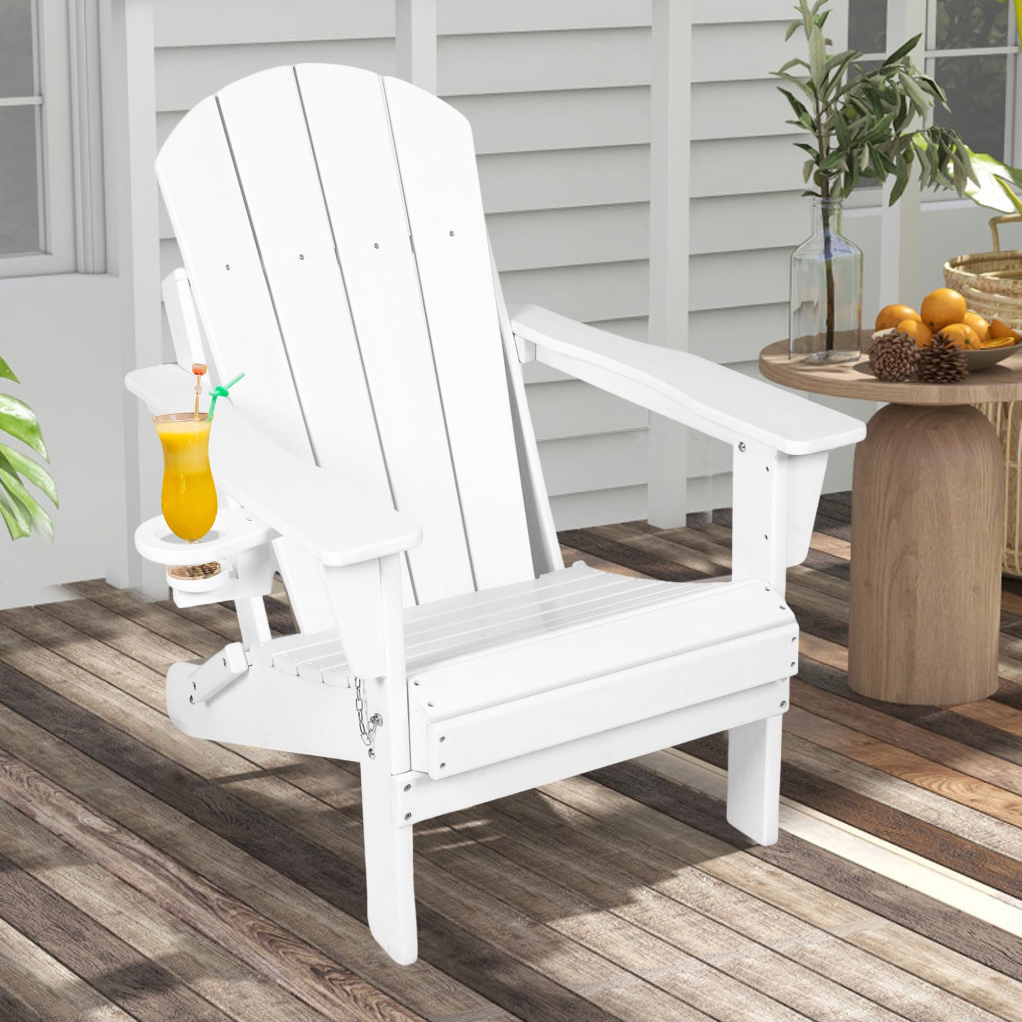 Sunrinx MG64-1-Q17HW White HDPE Frame Stationary Adirondack Chair with Slat Seat