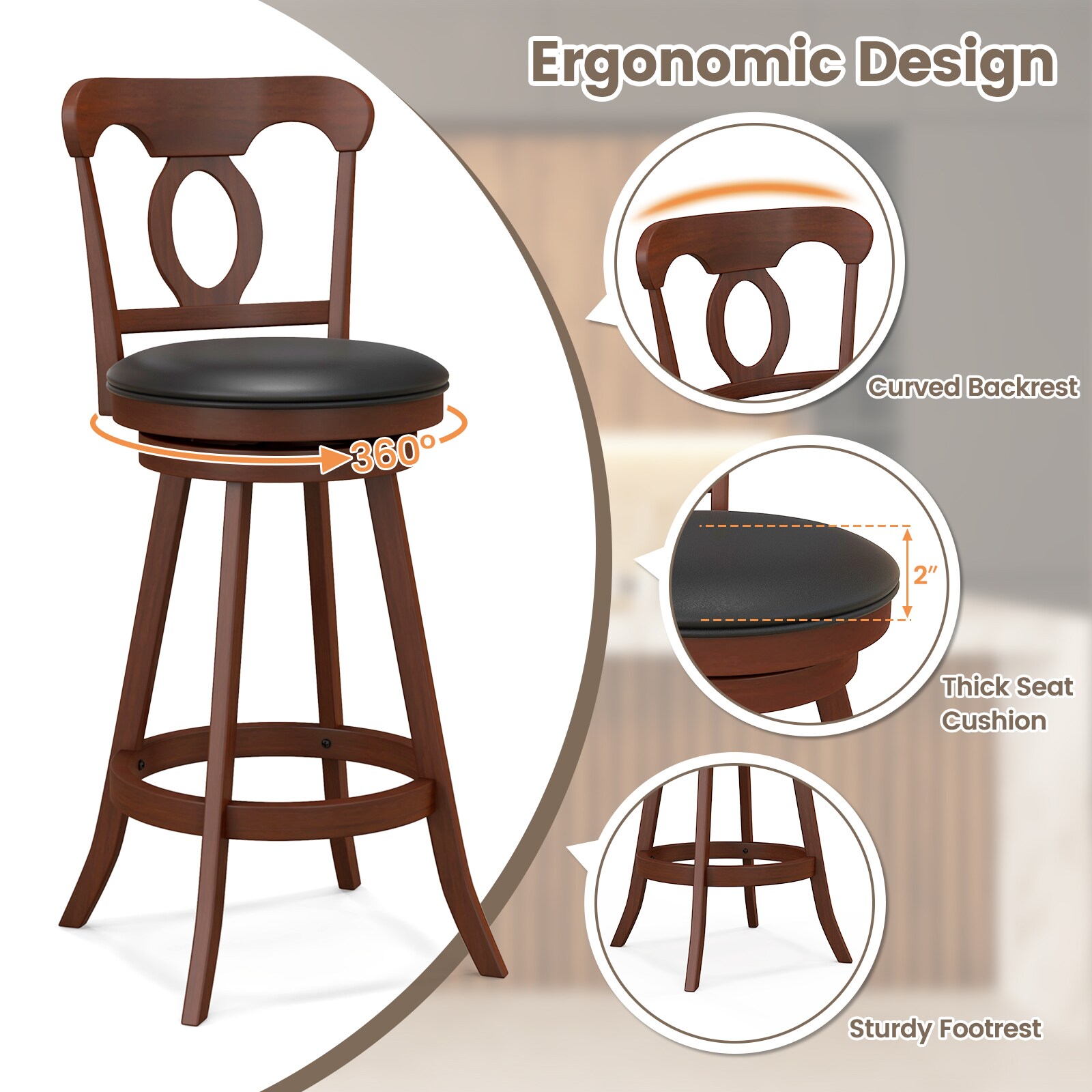 Slickblue Set of 2 Swivel Bar Stools with Curved Back Black PVC Leather ...
