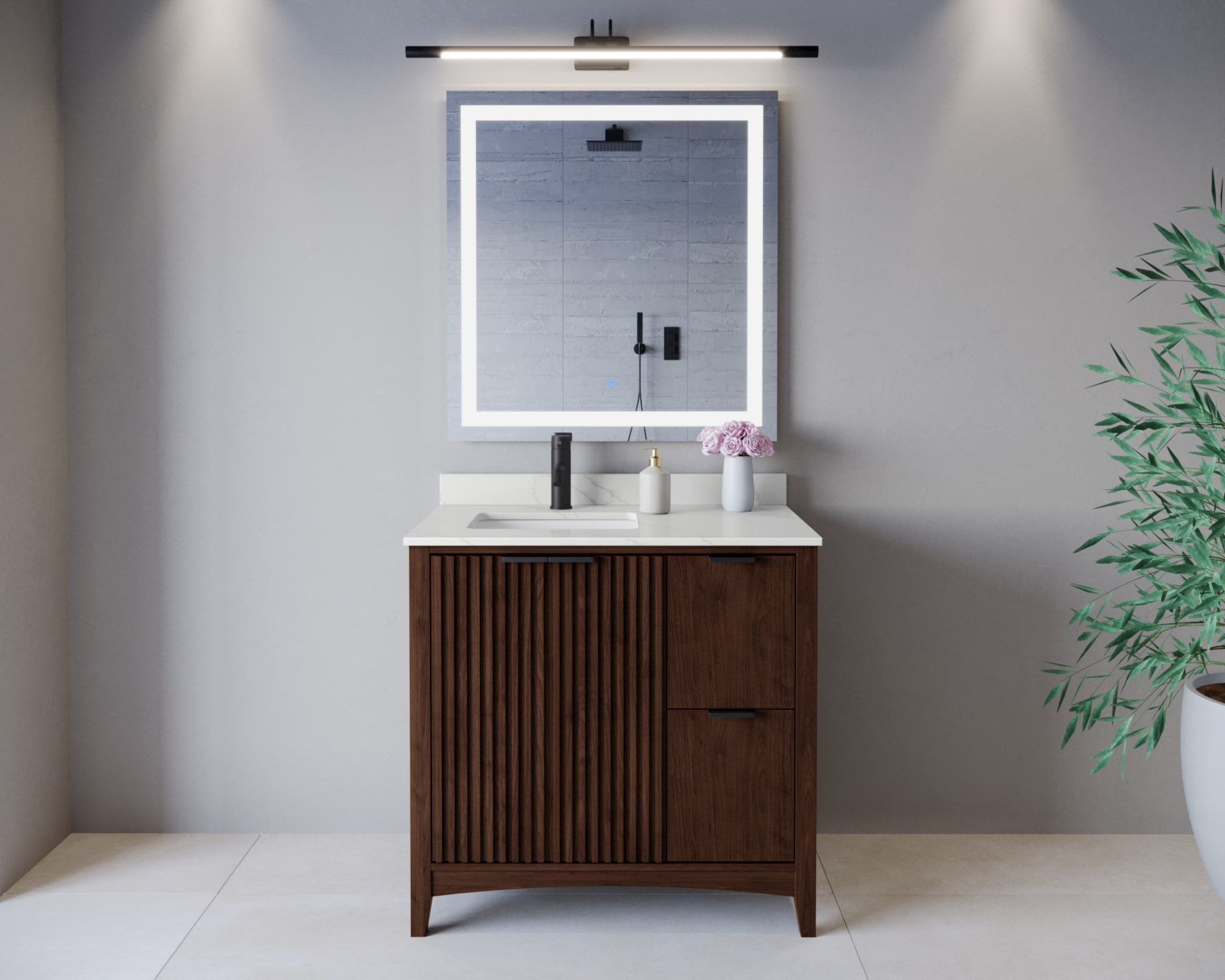 Wyndham Collection WCF919136SDBGTUNSMXX Palmilla 36-in Dark Walnut with Matte Black Trim Undermount Single Sink Bathroom Vanity with Giotto Quartz Quartz Top