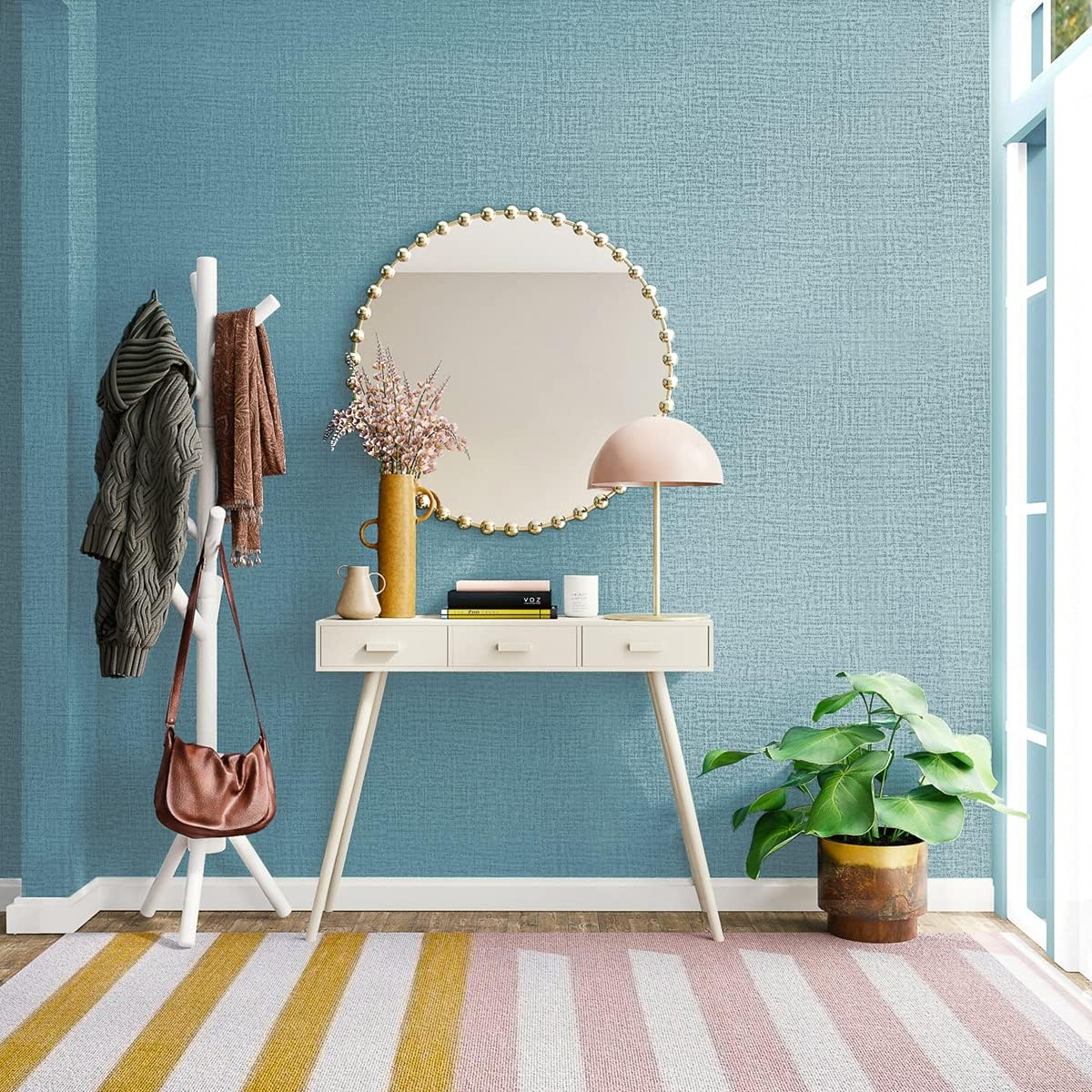 Luupatchy Teal Grasscloth Peel and Stick Wallpaper Removable Textured ...