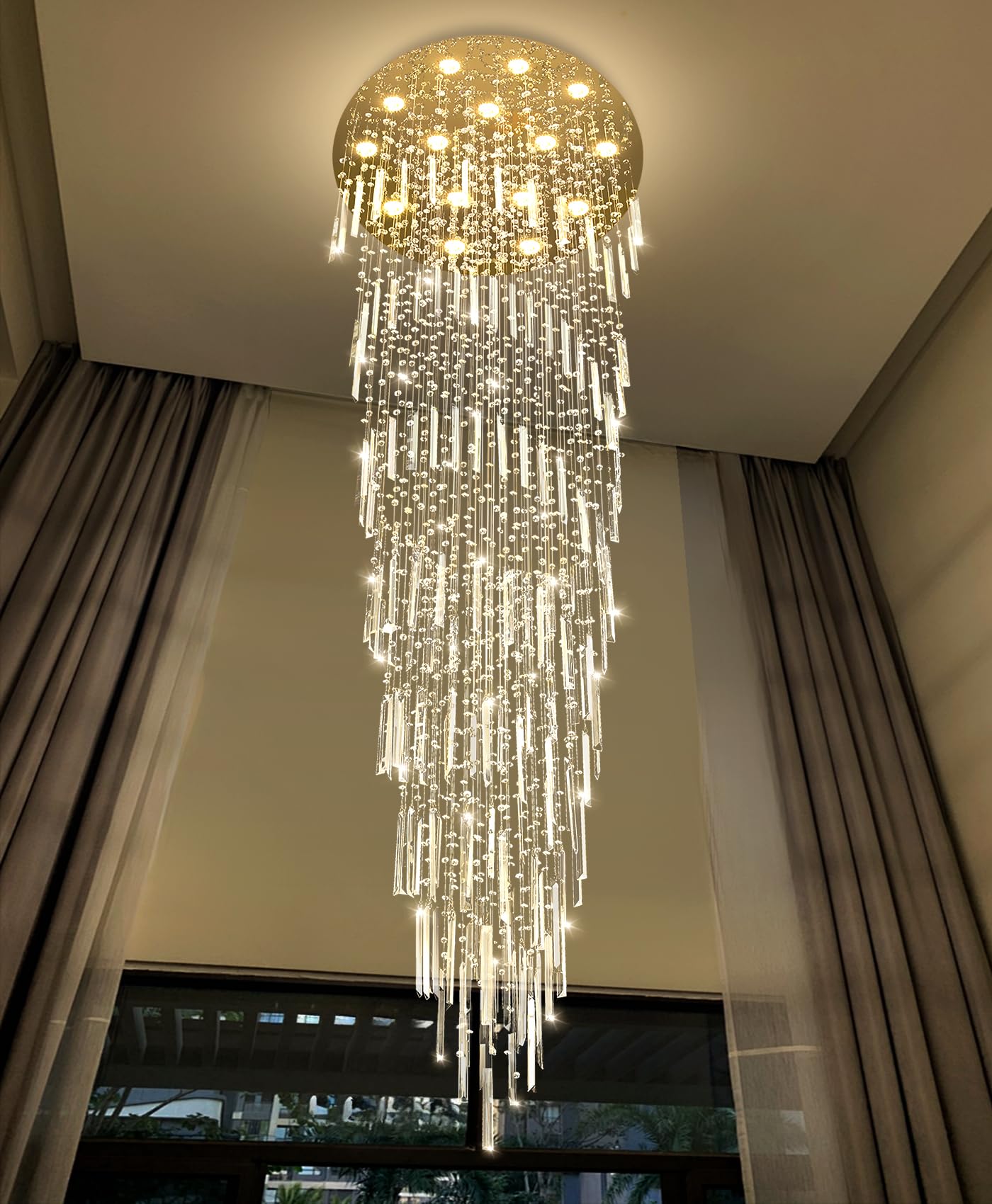 IUEST  D40 in by H120 in Crystal Chandelier High Ceiling Light Fixture for Entryway Large Raindrop Design LED Dimmable Flush Mount Gold Finish