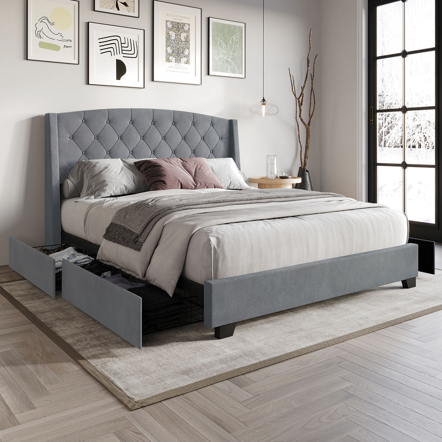 ChaletPosh C8531FPLS-LGY-VV Full Light Grey Wood Tufted Platform Bed Storage with Headboard