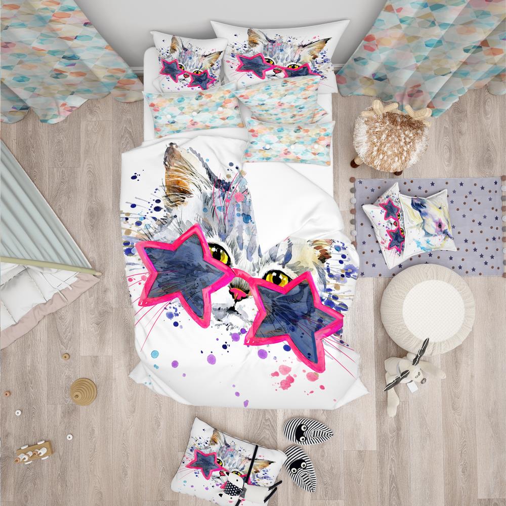 Cute Kitten with Blue Stars Microfiber Full/Queen Duvet Cover Set