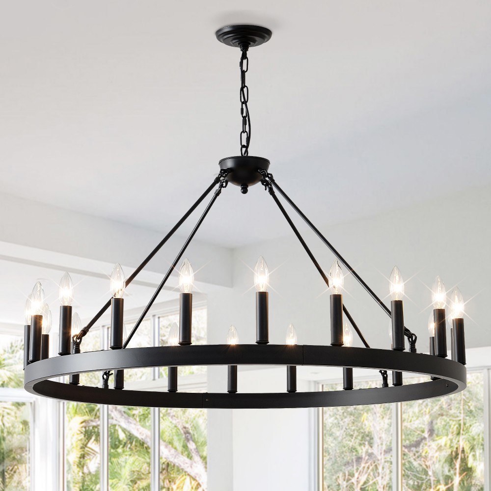 Basdien 39 in Matte Black Extra Large Wagon Wheel Chandelier 20 Light Bulbs Not Included E12 Base Farmhouse for Porch High Ceilings Dining Room Living Room Bedroom Adjustable Height 3 Chains Easy Install Home Decor Rustic Farmhouse Style