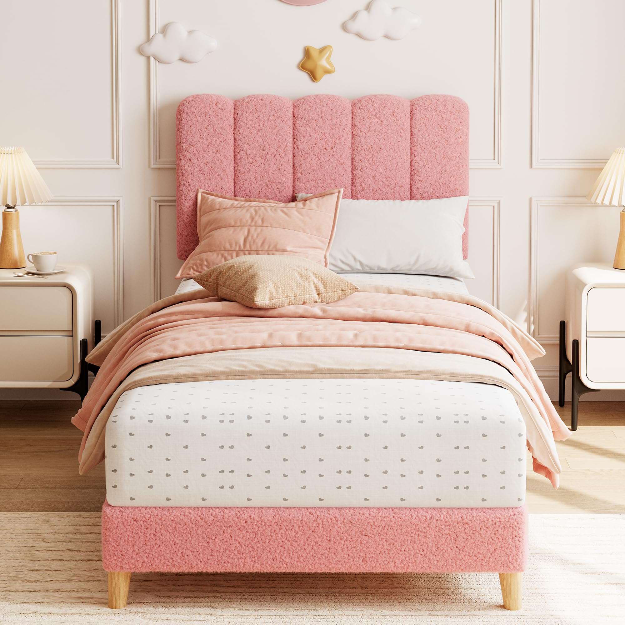 Garvee Lambskin Pink Twin XL Size Boucle Upholstered Platform Bed Frame ...