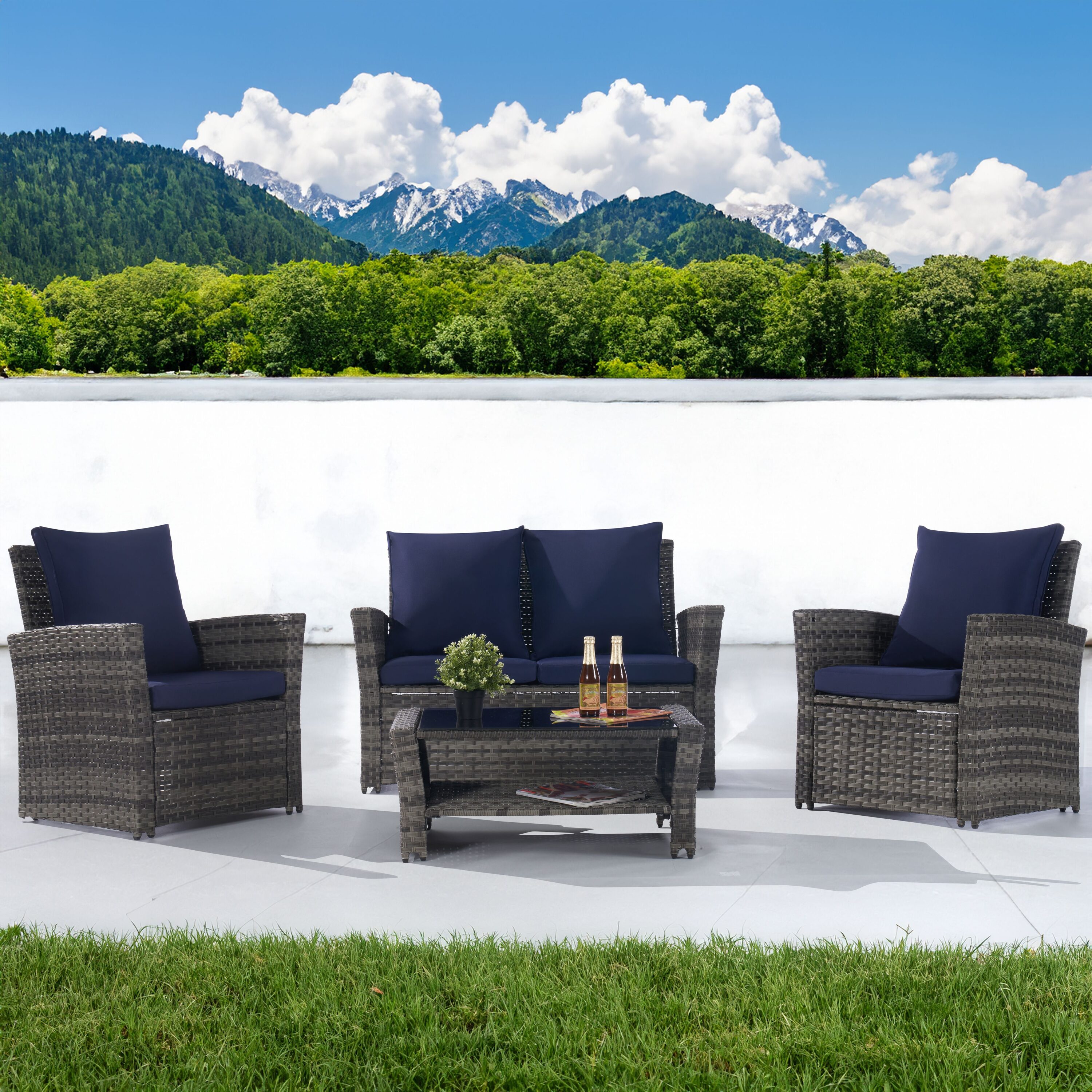 SANSTAR LRS-857NY 4 -Piece Wicker Patio Sofa Conversation Set with Blue Polyester Cushions