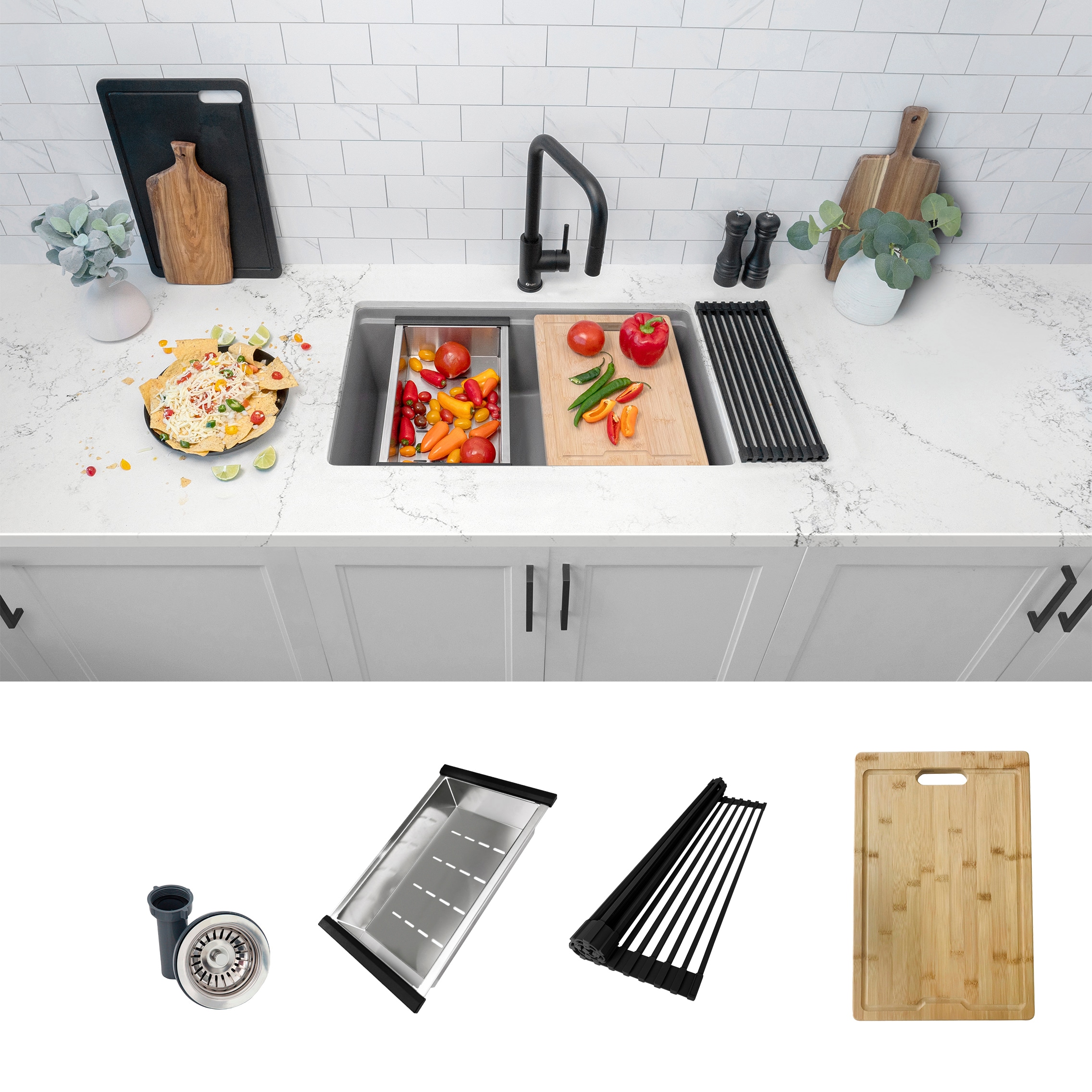 Stylish S-828WL Pietra Dual-mount 28-in x 18-in Composite Single bowl Workstation Kitchen Sink