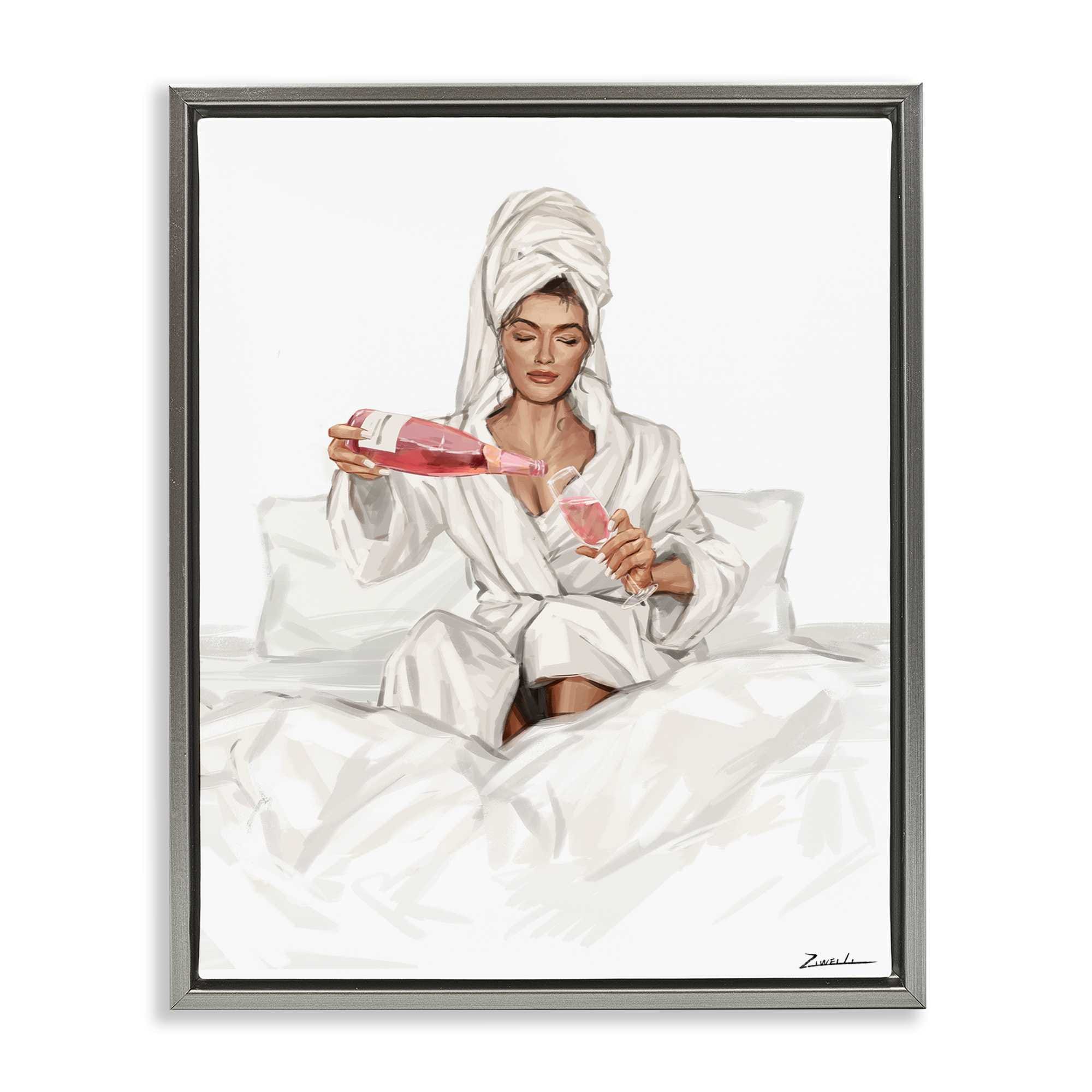 Stupell Industries BT-193-FFL-24X30 Pouring Rosé Wine in Bed Gray Framed Floater Canvas Wall Art By Ziwei Li 25 x 31