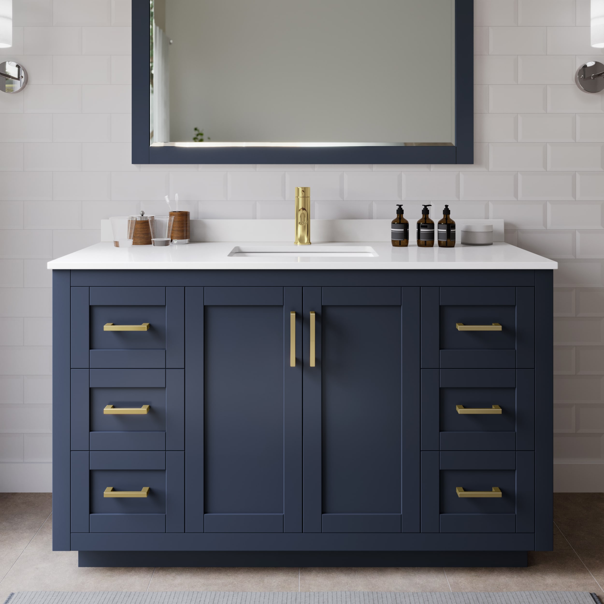 Wyndham Collection WCF292954SBLWCUNSMXX Miranda 54-in Dark Blue with Brushed Gold Trim Undermount Single sink Bathroom Vanity with White Cultured Marble Cultured marble Top