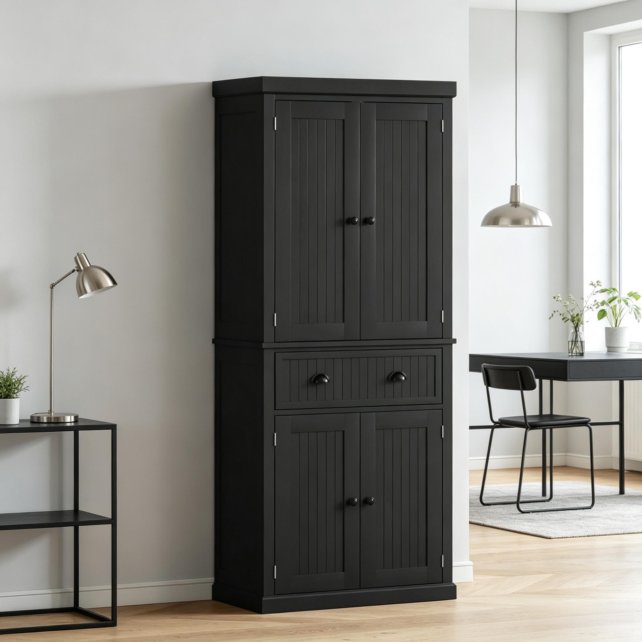 Vynxaria 30-in W x 72-in H x 15.75-in D Black Freestanding Kitchen Pantry Cabinet with Adjustable Shelves and Drawers