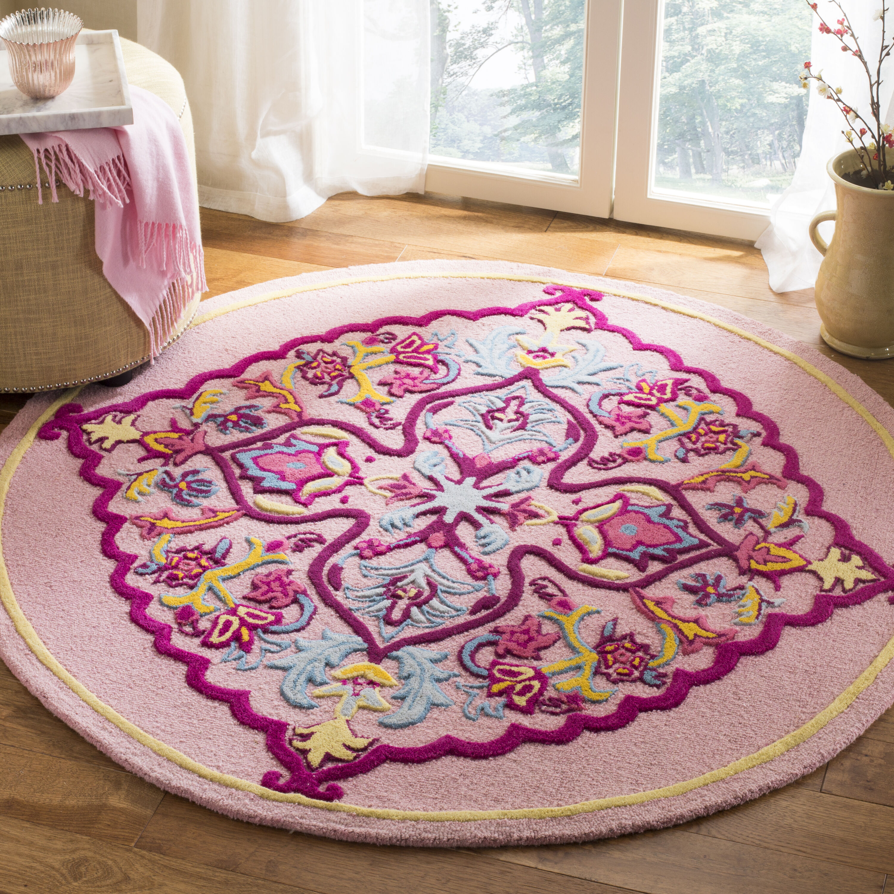 Safavieh BLG605A-5R Bellagio Nijar 5 x 5 (ft) Tufted Wool Pink/Multi Round Indoor Floral/Botanical Global Area rug