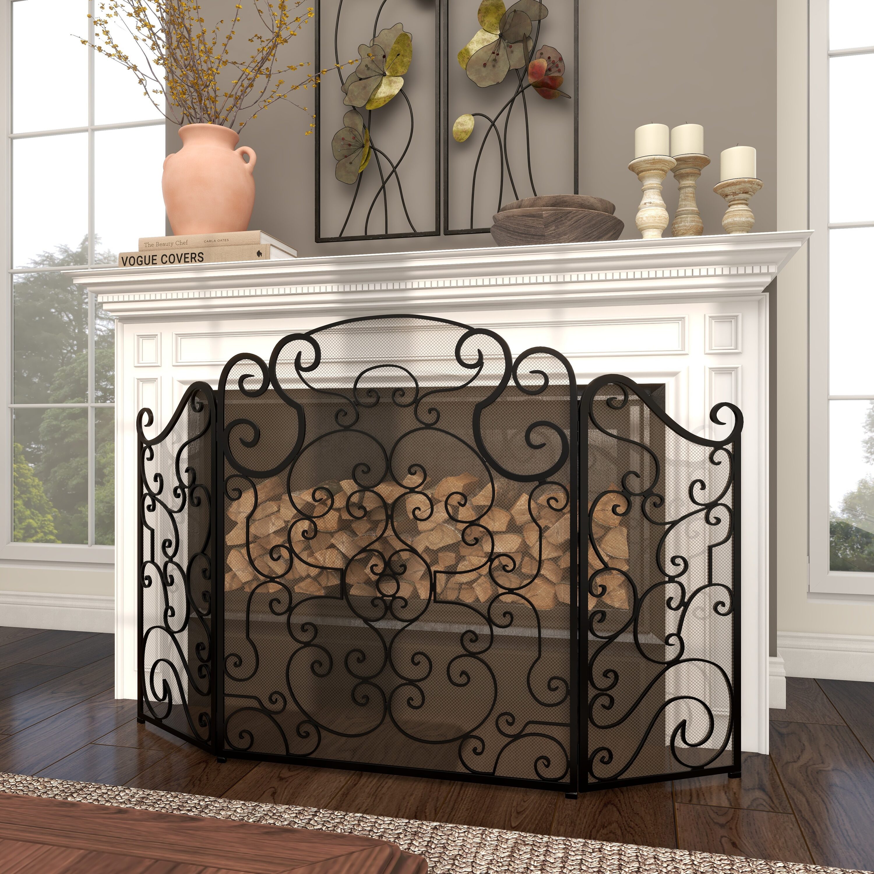 Grayson Lane 44574 52-in Black 3 Panel Foldable Mesh Netting Iron 3 -Panel Flat Fireplace Screen