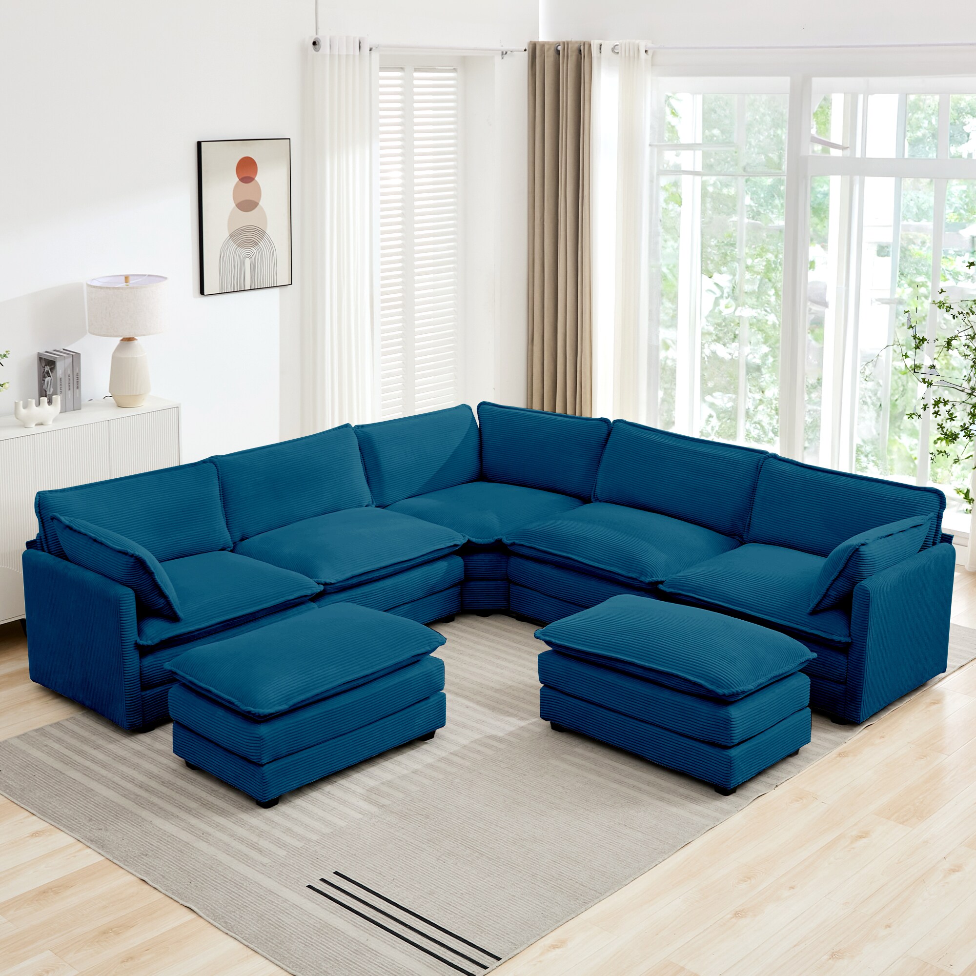 JEAREY 130-Inches Modern Navy Blue Velvet 6+ -seater Sectional