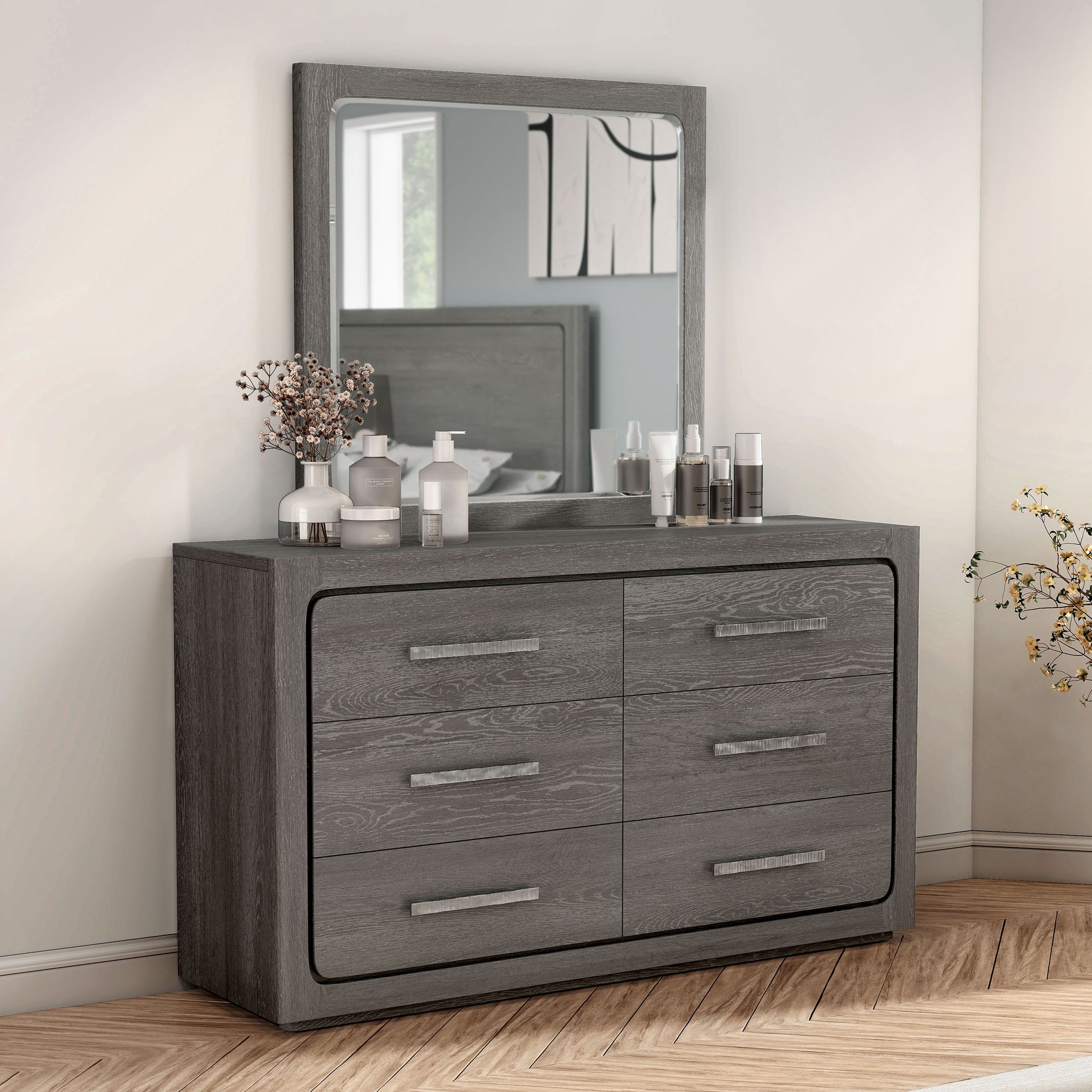 Furniture of America IDF-70100GY-DM Rally Gray Rubberwood 6 -Drawer Standard dresser with Mirror