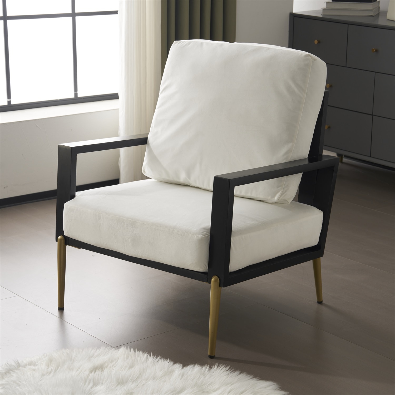 Dimakai White Velvet Upholstered Accent Armchair