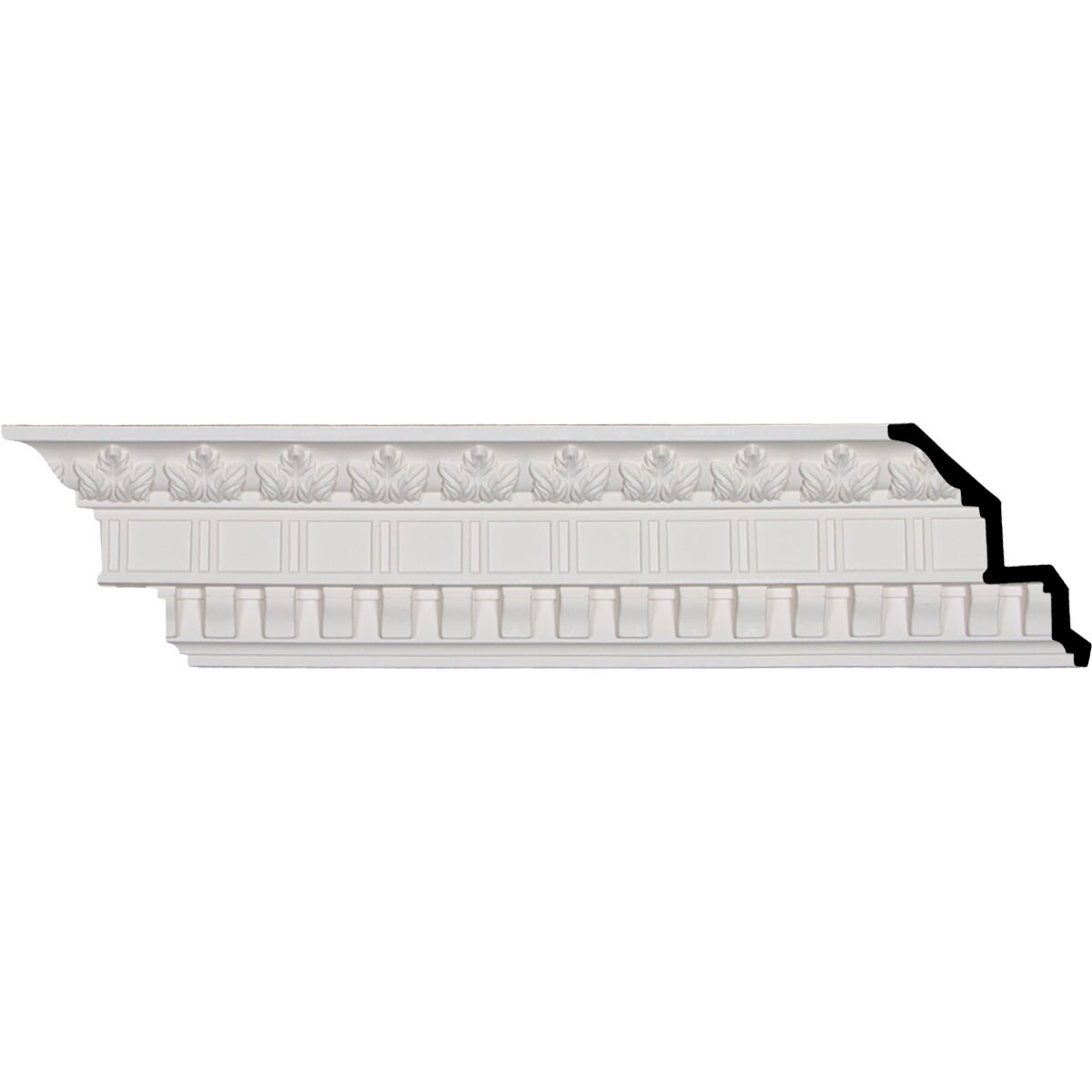 5"H x 3 7/8"P x 6 3/8"F x 94 1/2"L, (2" Repeat), Dentil and Leaf Crown Moulding