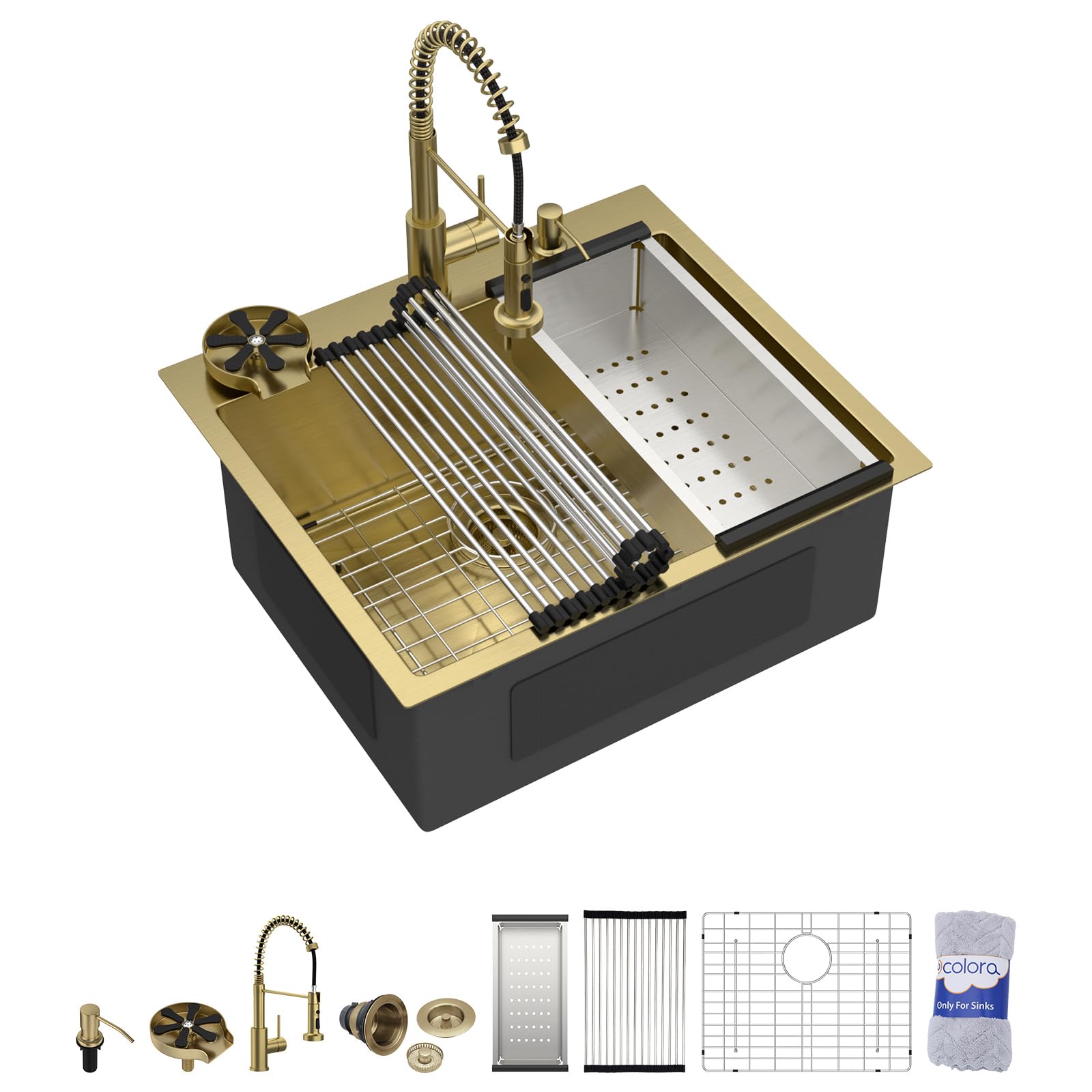 Dcolora 25-in Gold Drop-In Kitchen Sink All in One Workstation with Faucet Combo Stainless Steel Single Bowl Sink with Cup Washer DC-SFDOE00281