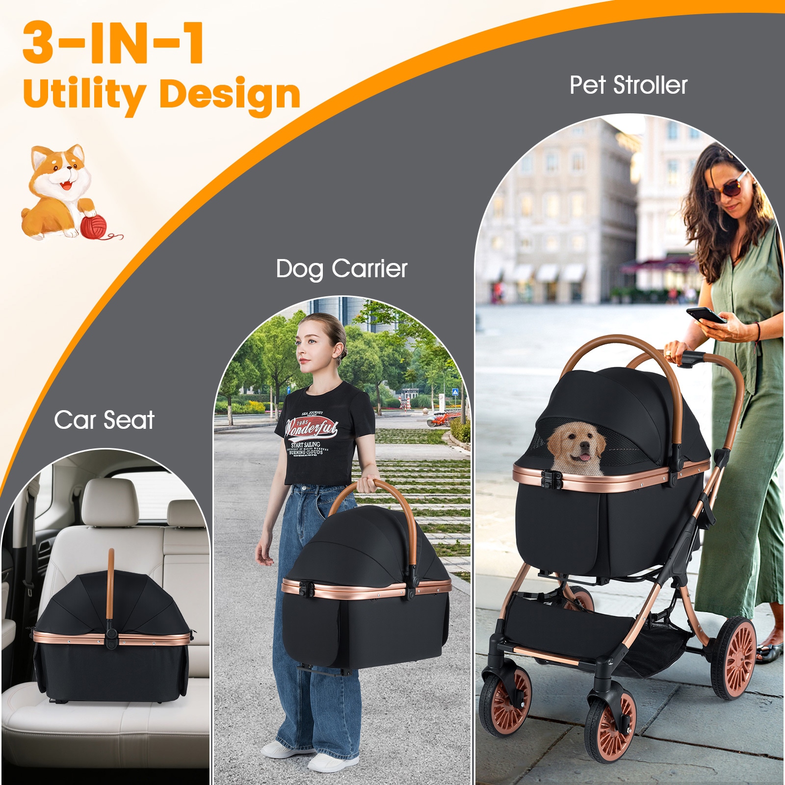Slickblue Black 4 Wheels Dog/Cat 3 in 1 Pet Travel Stroller with Shock ...