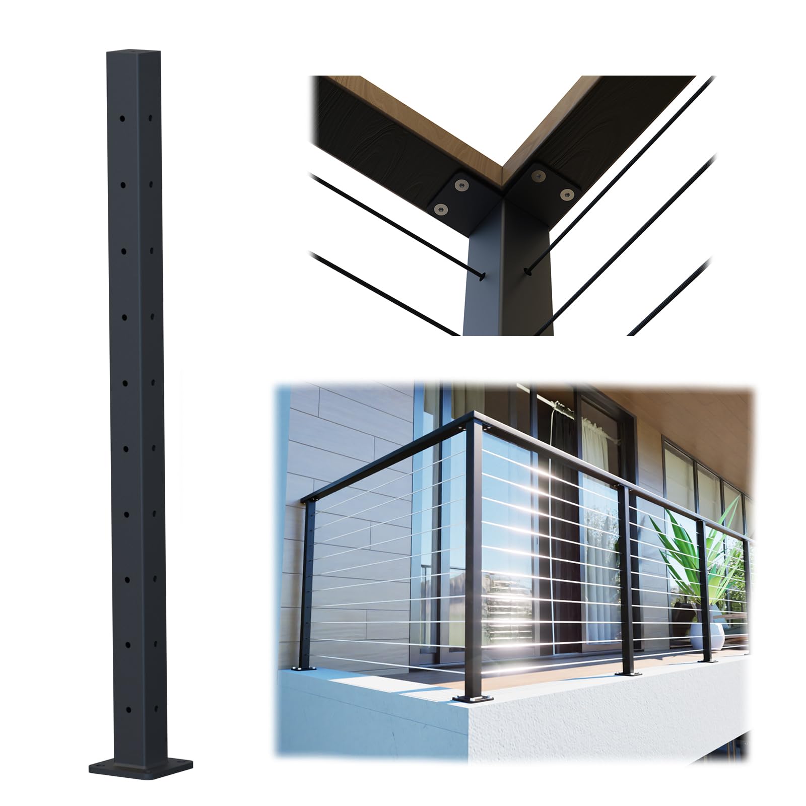 Misopily  1 pack 36 inch heavy duty cable railing corner post high strength steel black powder finish predrilled for deck stair balcony porch