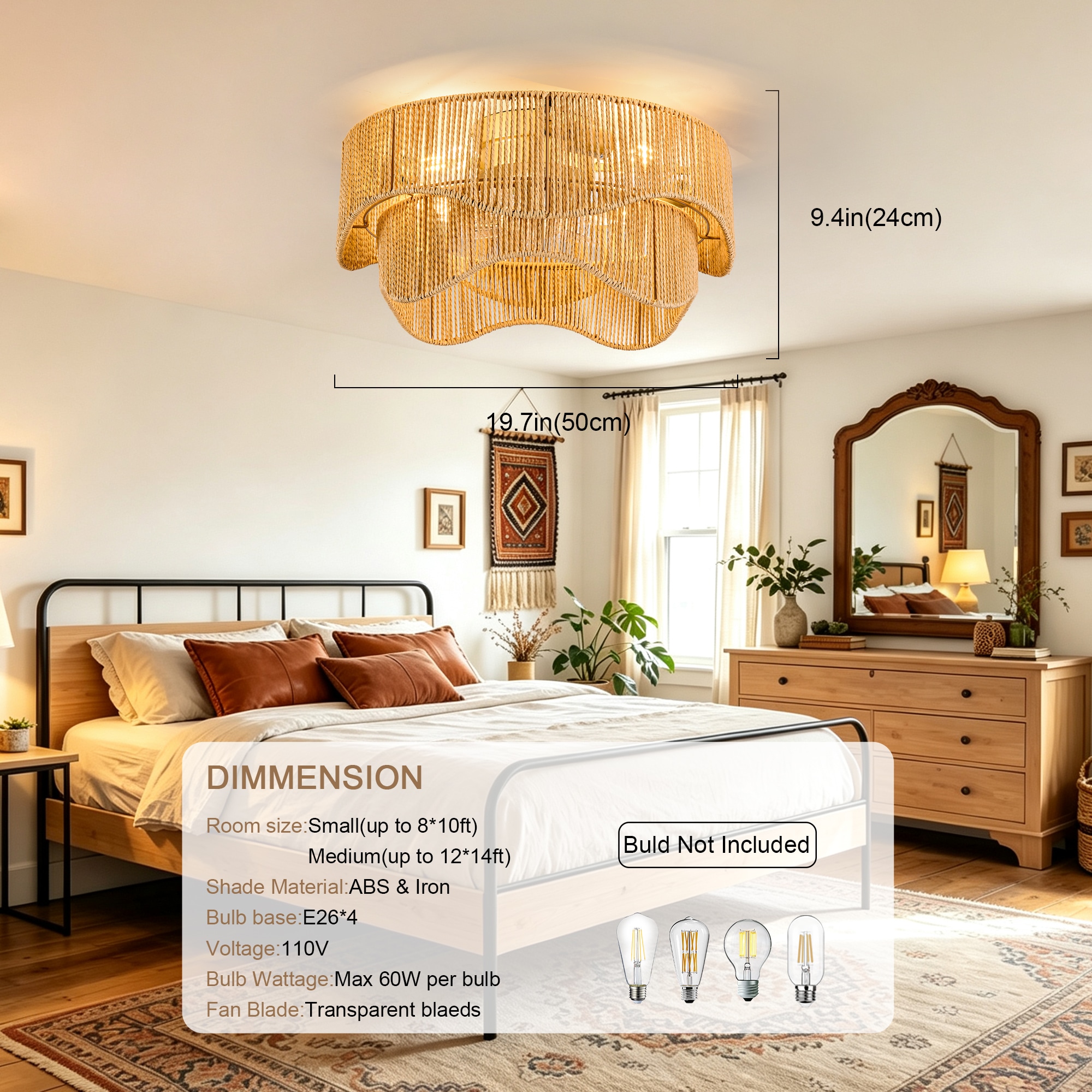Boho Havens 19-inch recessed Bohemian paper-cord ceiling fan light ...