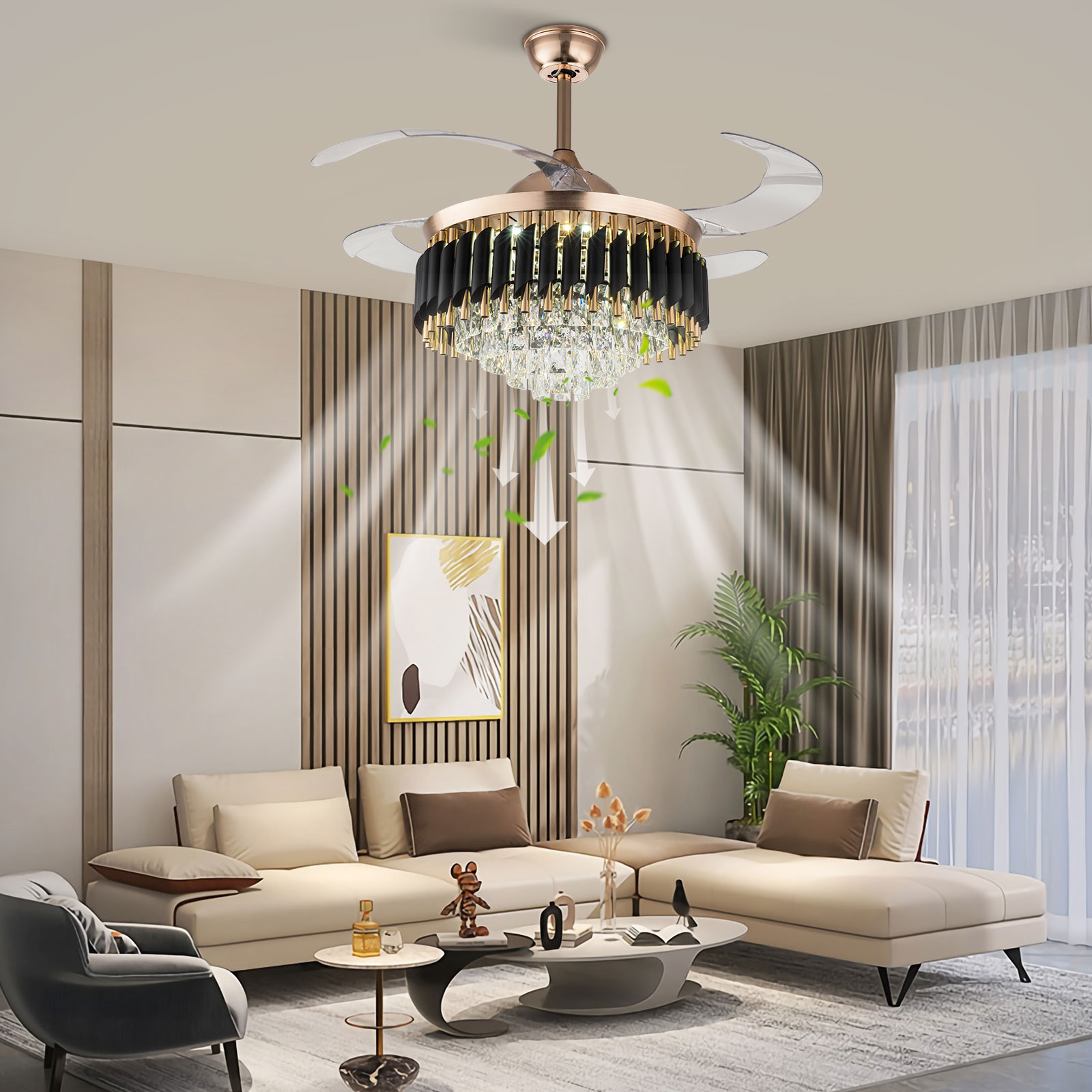 DLLT 42 Inch Retractable Fandelier Crystal Ceiling Fan With Lights And
