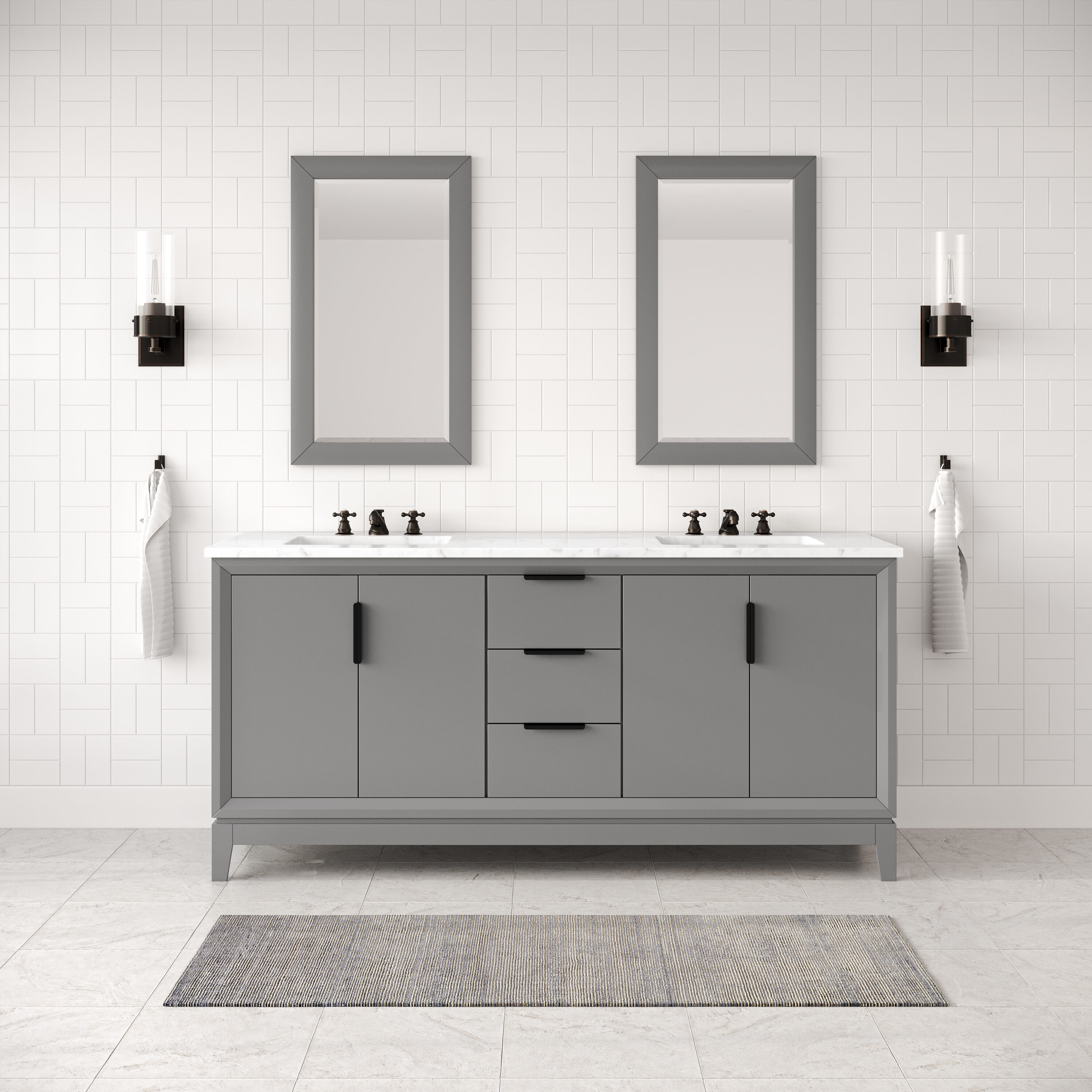 Water Creation VEL072CWCG12 Elizabeth 72-in Cashmere Grey Undermount Double sink Bathroom Vanity with Carrara White Natural marble Top (Faucet Included)