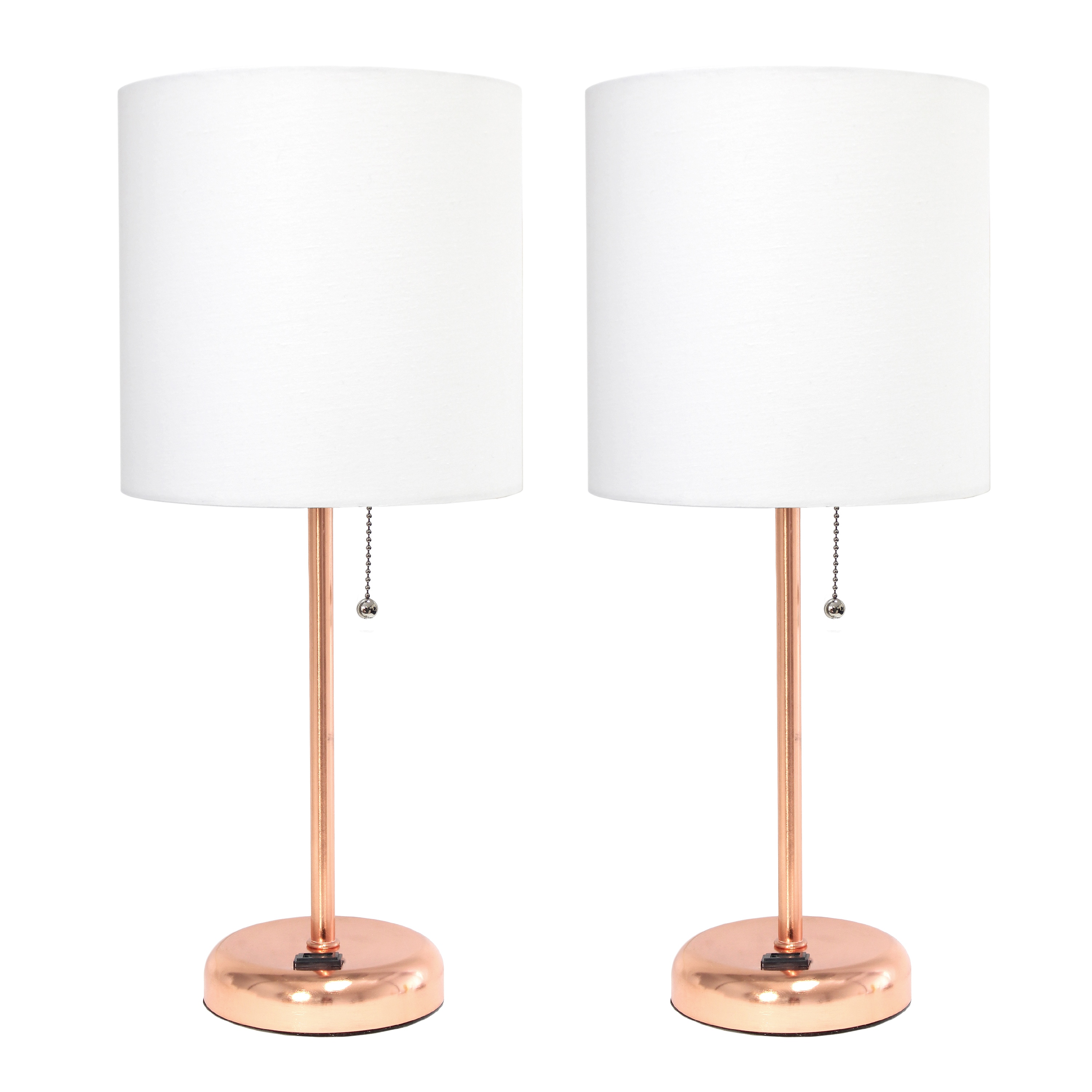Simple Designs LT2024-RGD-2PK 19.5-in Rose Gold/White Shade LED Pull-chain Table Lamp with Fabric Shade 2 -Set