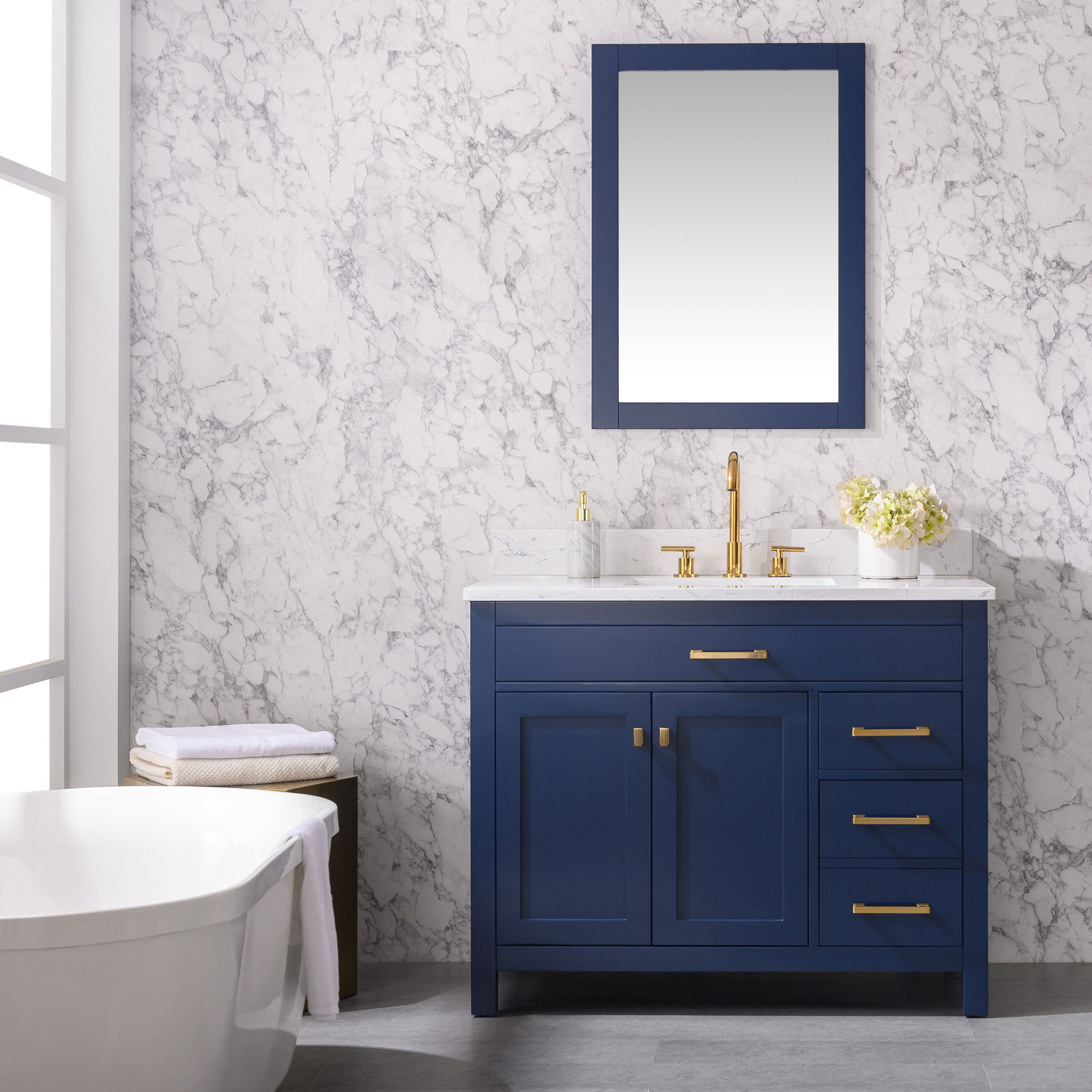 Sudio Design JASPER-42NB JASPER 42-in Navy Blue Undermount Single Sink Bathroom Vanity with Carrara White Engineered Stone Top