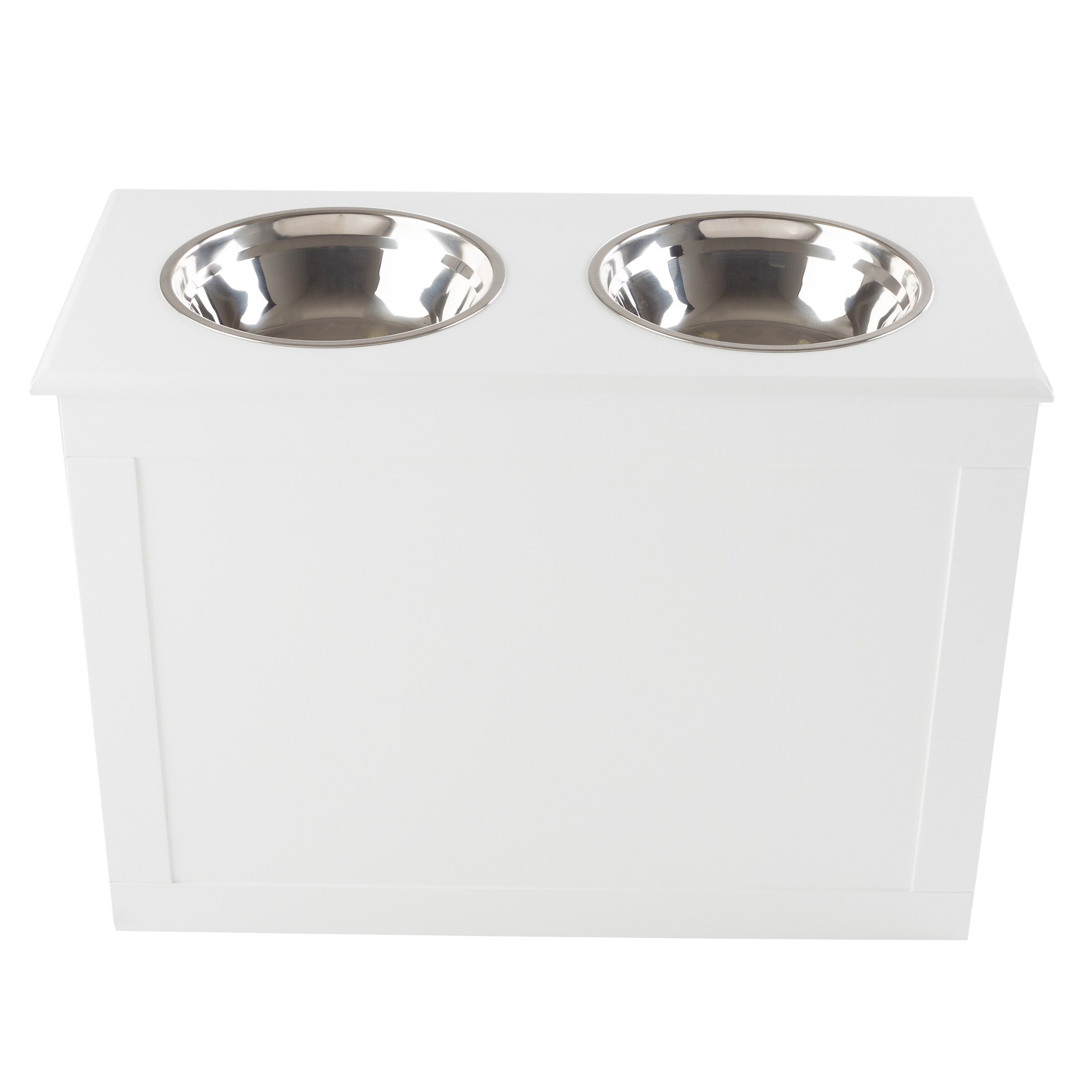 White Elevated Dog Bowls with Hidden Storage and Stainless Steel