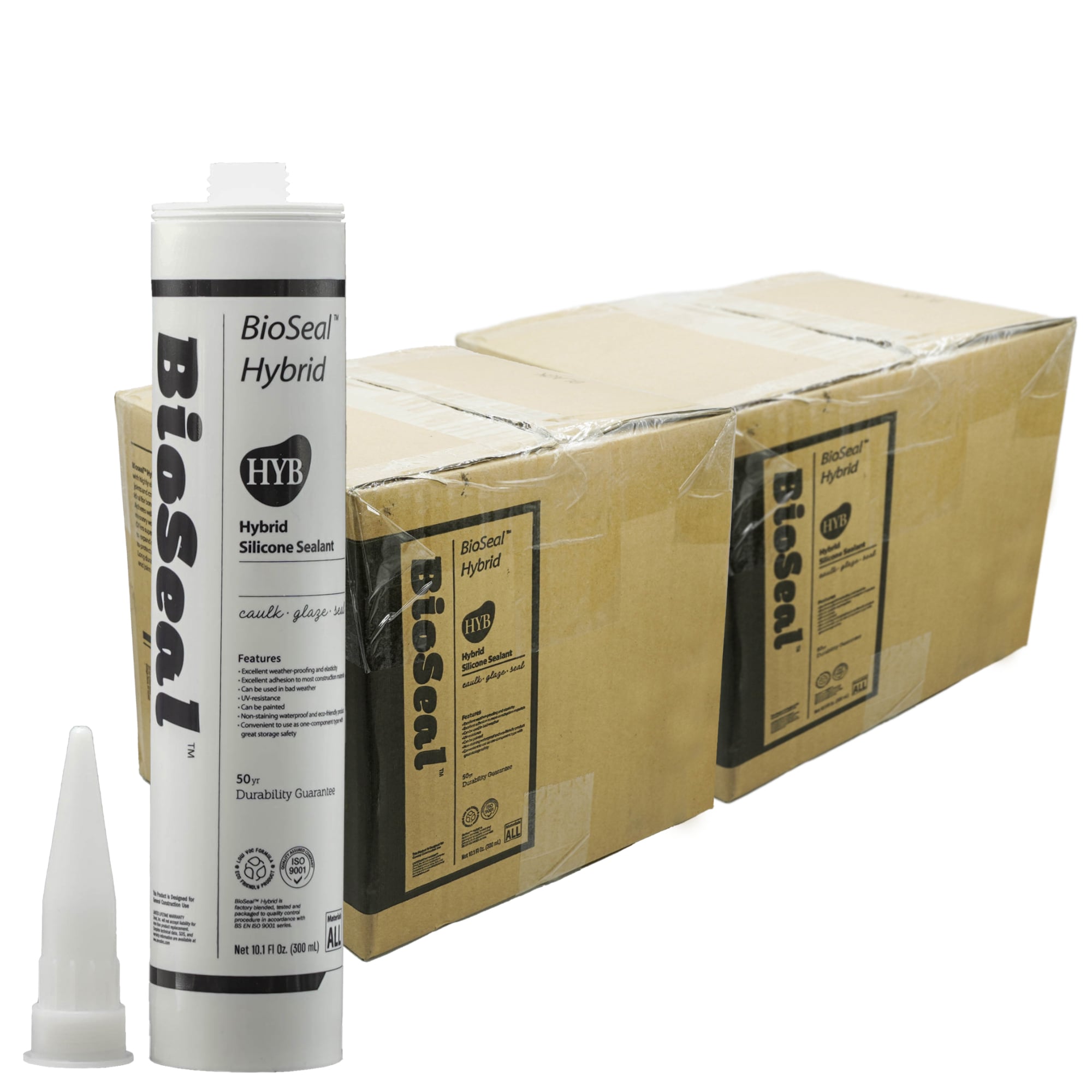 BioSeal 50-Pack Advanced Hybrid Black Sealant Paintable Waterproof Caulk for Exterior Use Windows Doors Roofing and Siding Strong Adhesion UV and Weather Resistant 10oz