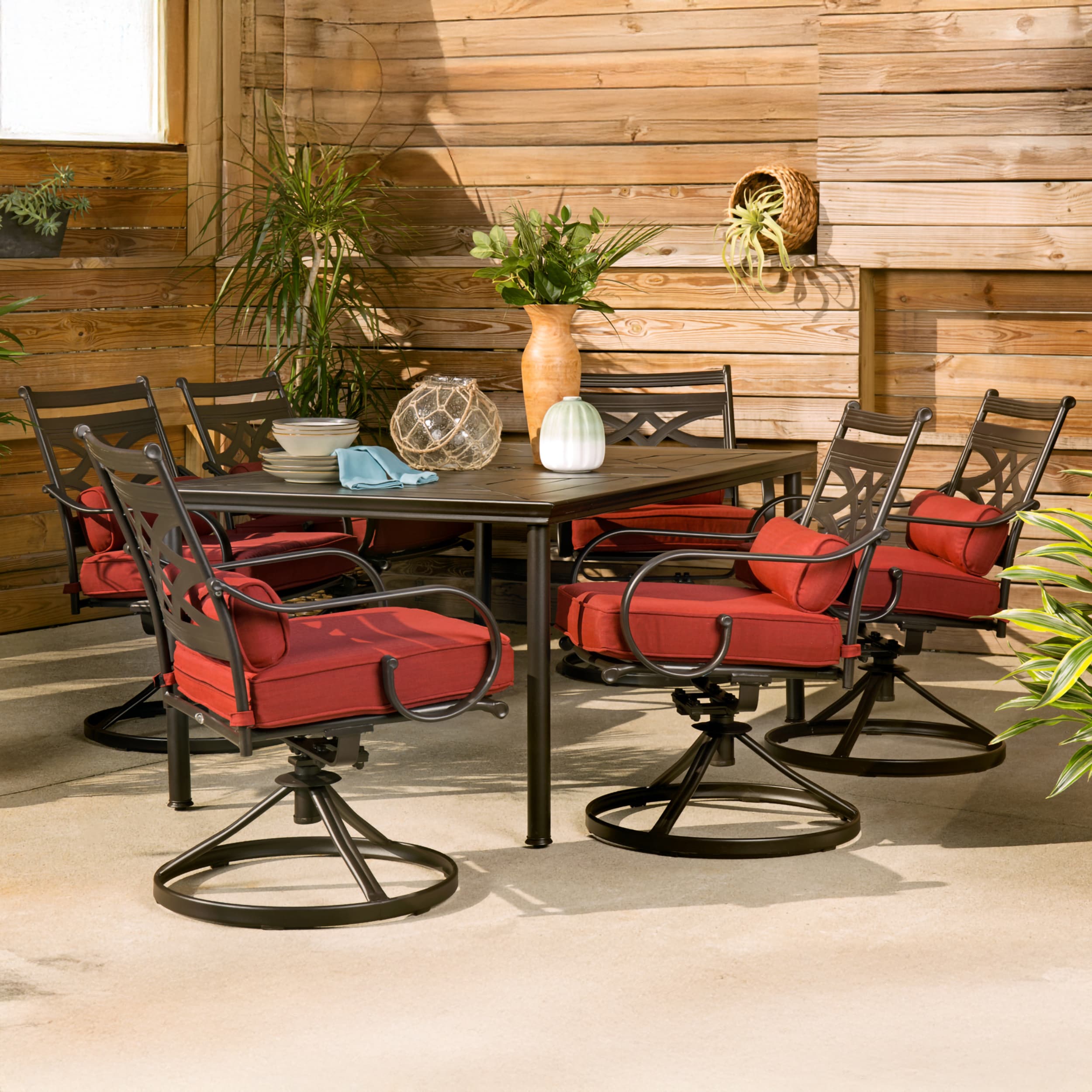 Hanover MCLRDN7PCSQSW6-CHL Montclair 7 -Piece Dark Brown Patio Dining Set Steel Rectangle Table with 6 Red Cushions Swivel Rocker Chairs