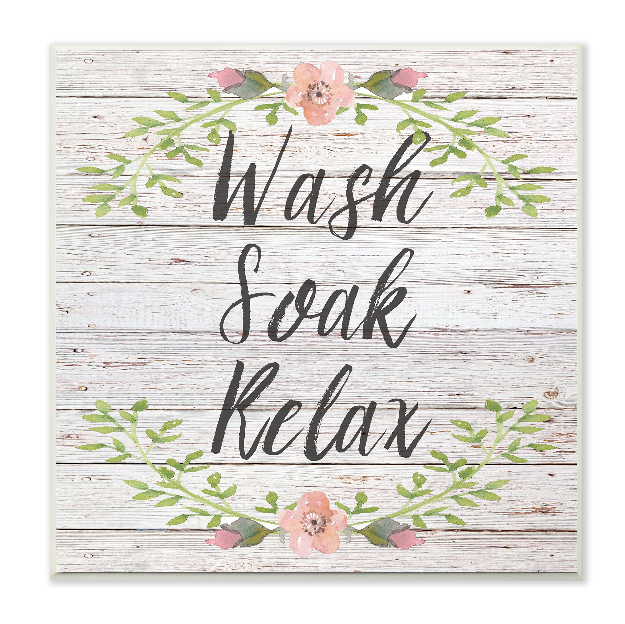 Stupell Industries WRP-1198-WD-12X12 Floral Wash Soak Relax Floral Wood Sean Parnell Frameless 12-in H x 12-in W Bath Print