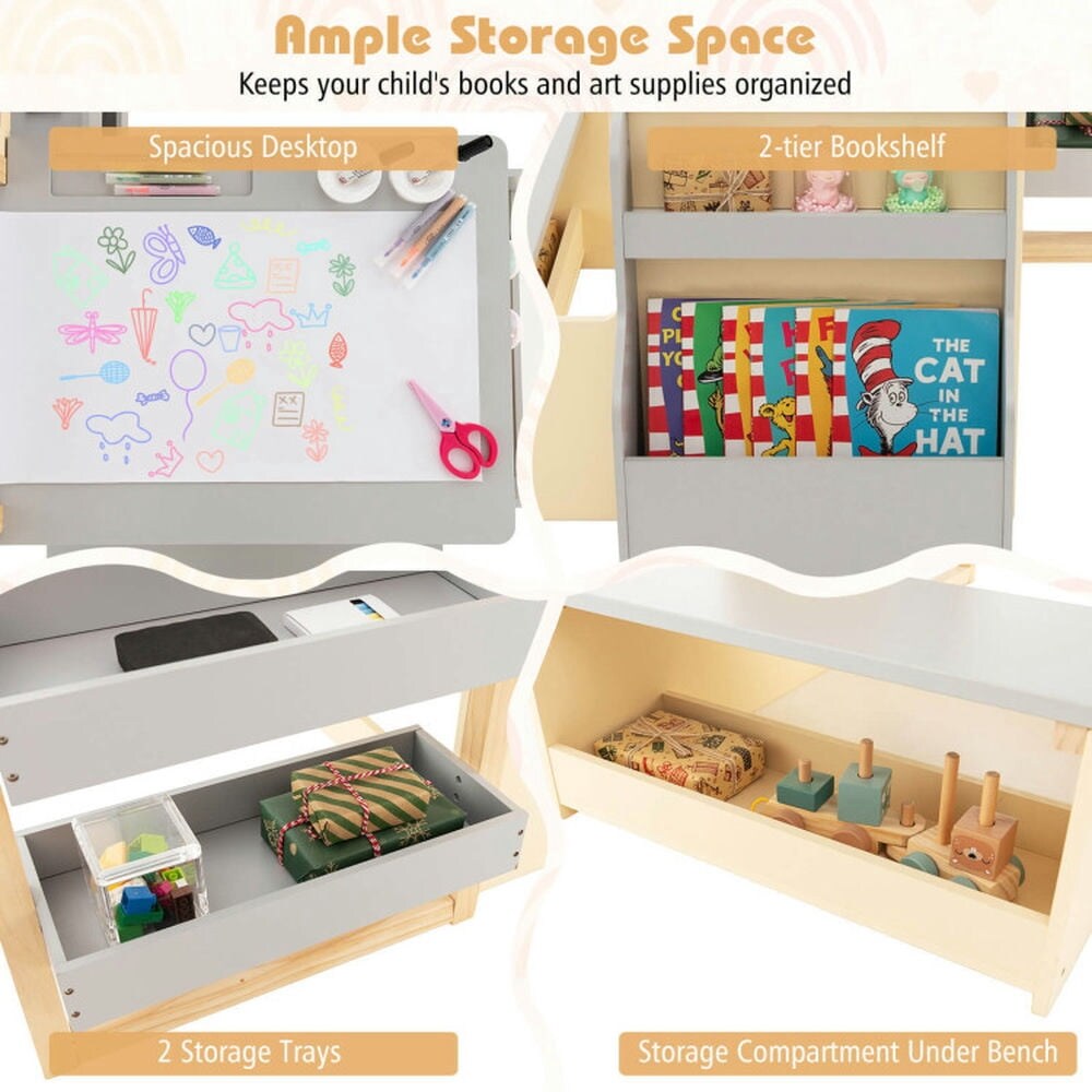 VERYKE Kids Art Center Wooden Table Bench Set Gray Toddler Table and ...